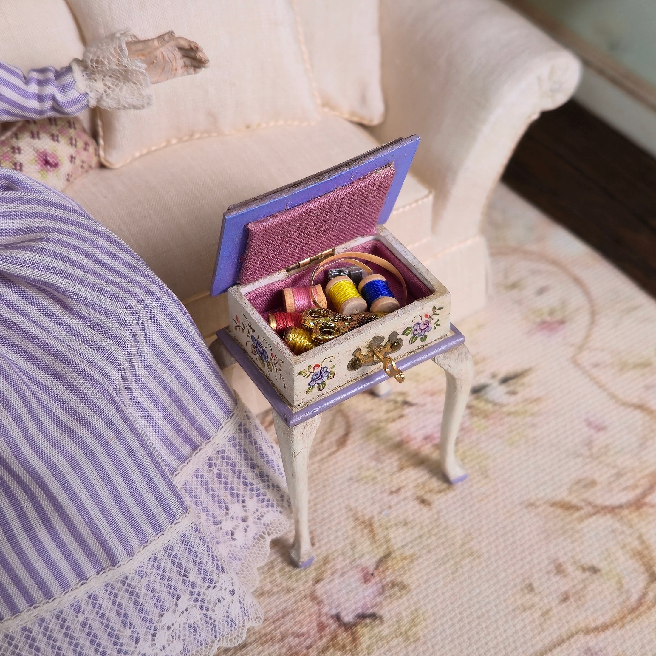Lilac Hand Painted Rosemarie Torre Sewing Stand Box 1981 with Notions