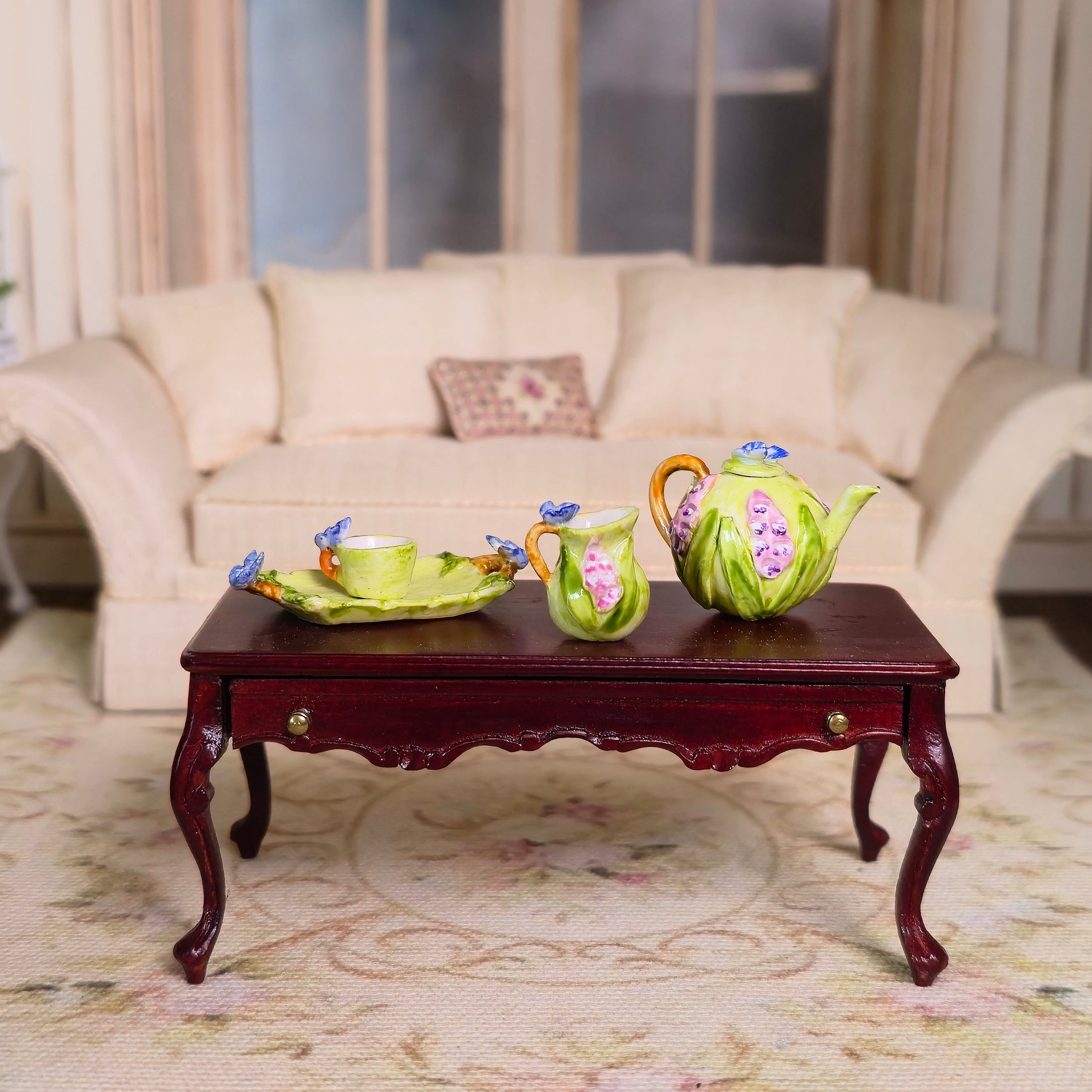 Whimsical Veronique Cornish Butterfly & Flowers Tea Set with Tray
