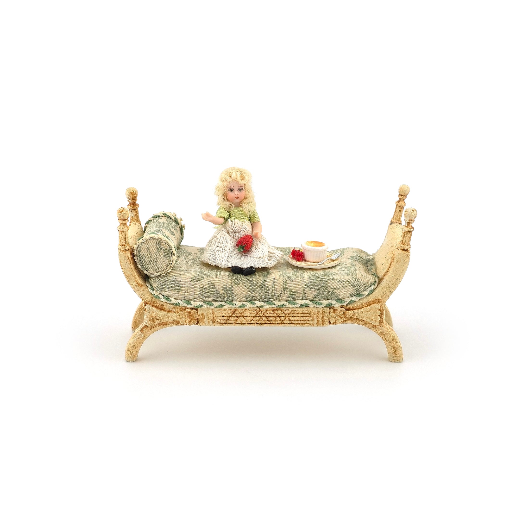 Signed Painted Art Nouveau Toile Gossip Bench, Doll & Dessert Vignette