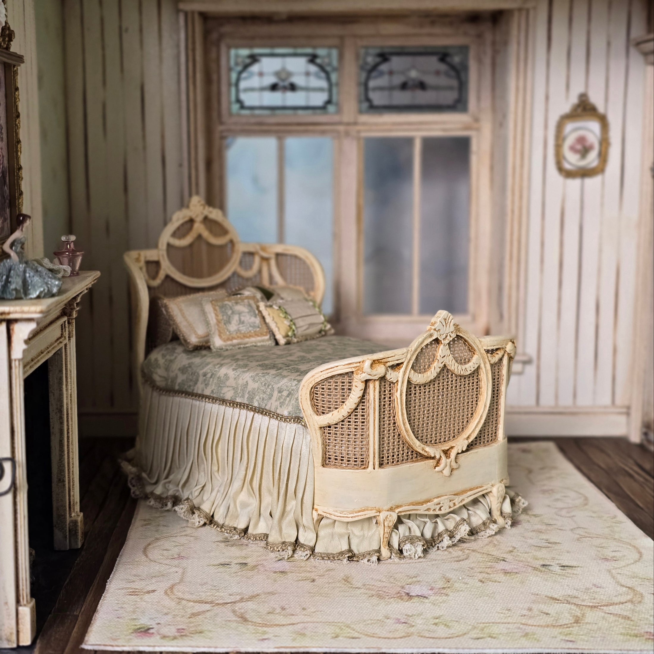 Silk Dressed June Clinkscales Louis XVI Carved Wood & Cane Queen Bed