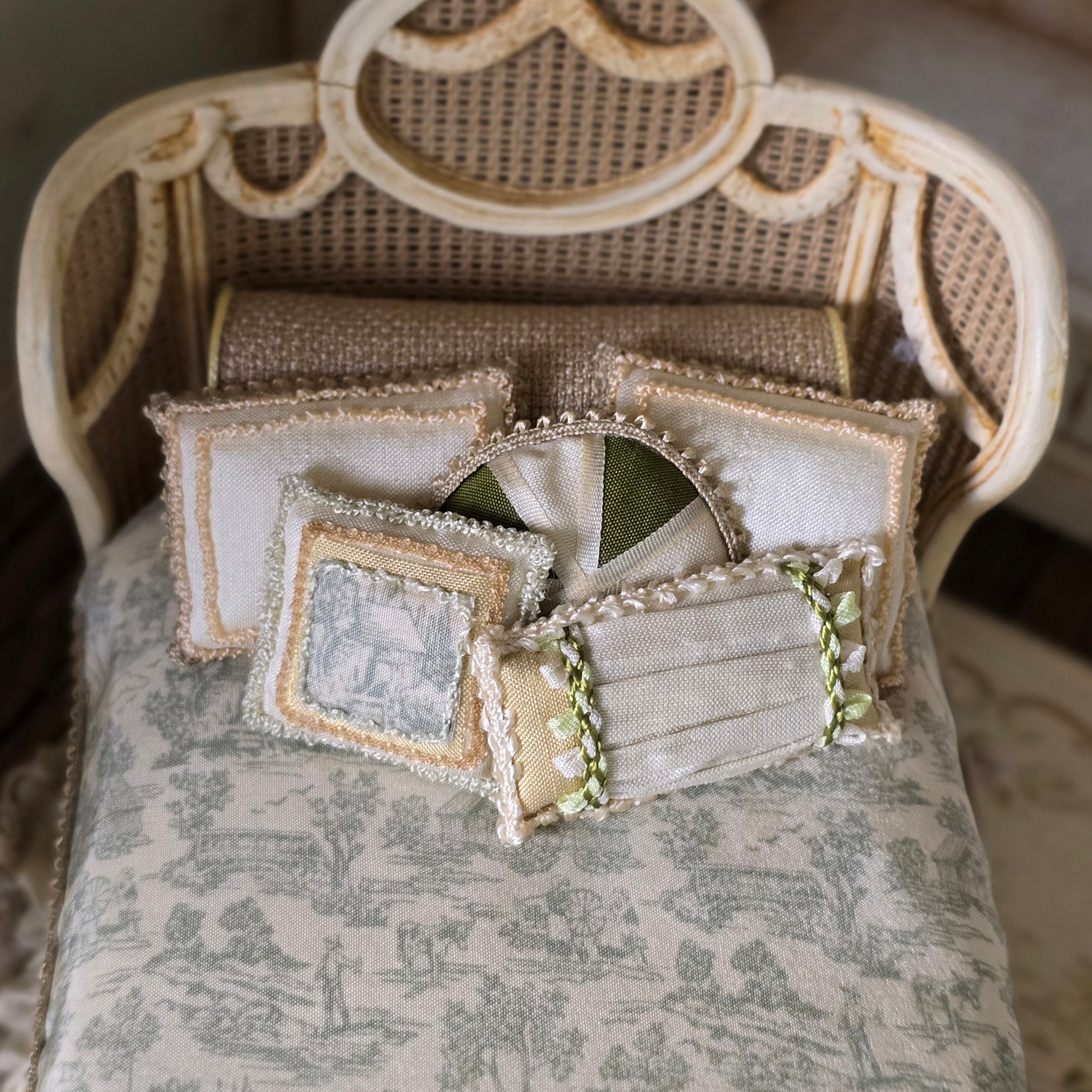 Silk Dressed June Clinkscales Louis XVI Carved Wood & Cane Queen Bed