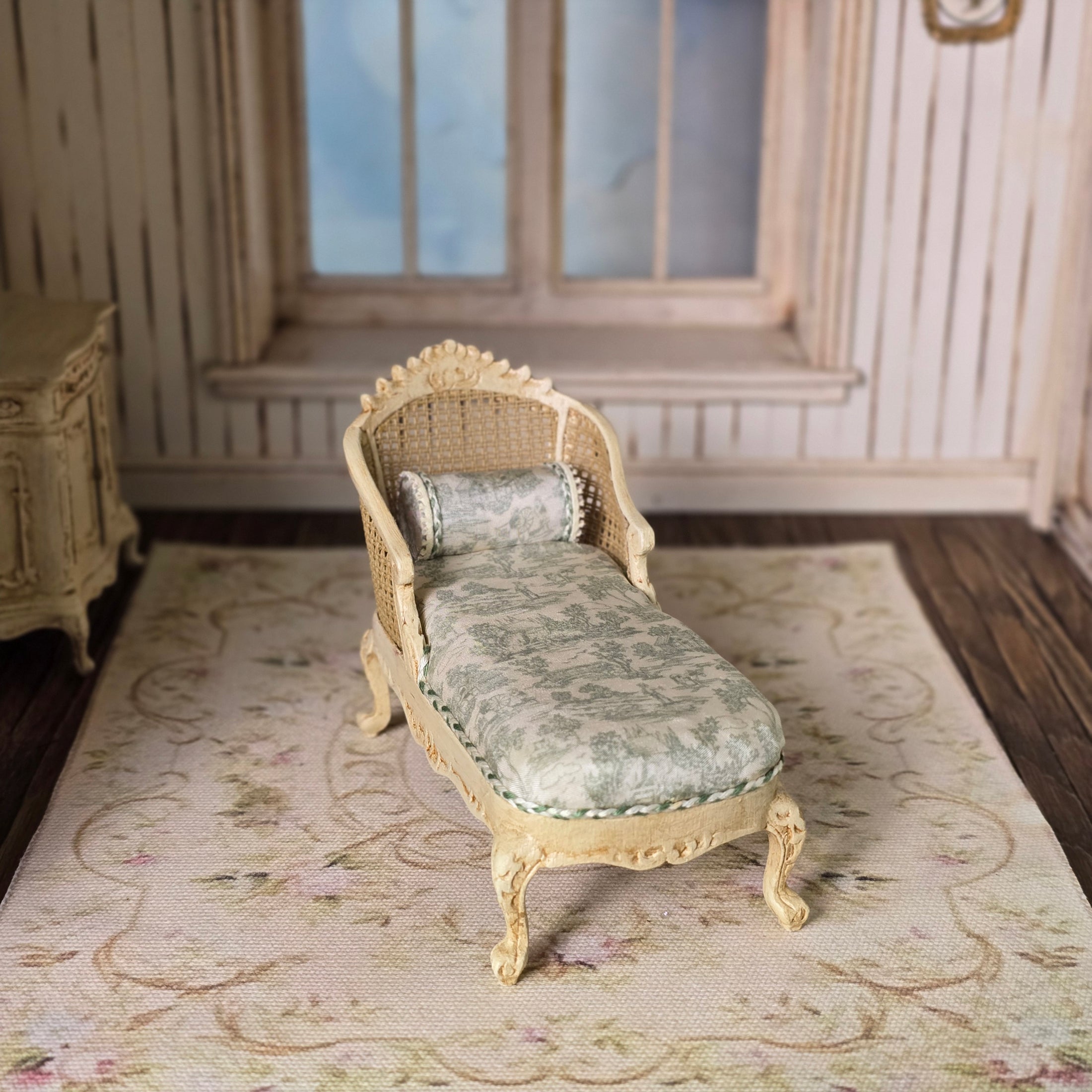 Louis XVI Caned Chaise Lounge Green Toile Silk Sofa for Dollhouse