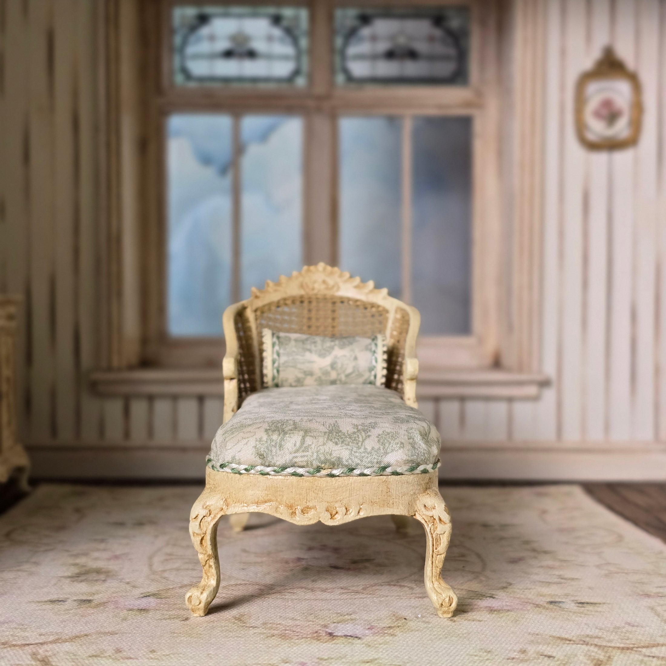 Louis XVI Caned Chaise Lounge Green Toile Silk Sofa for Dollhouse