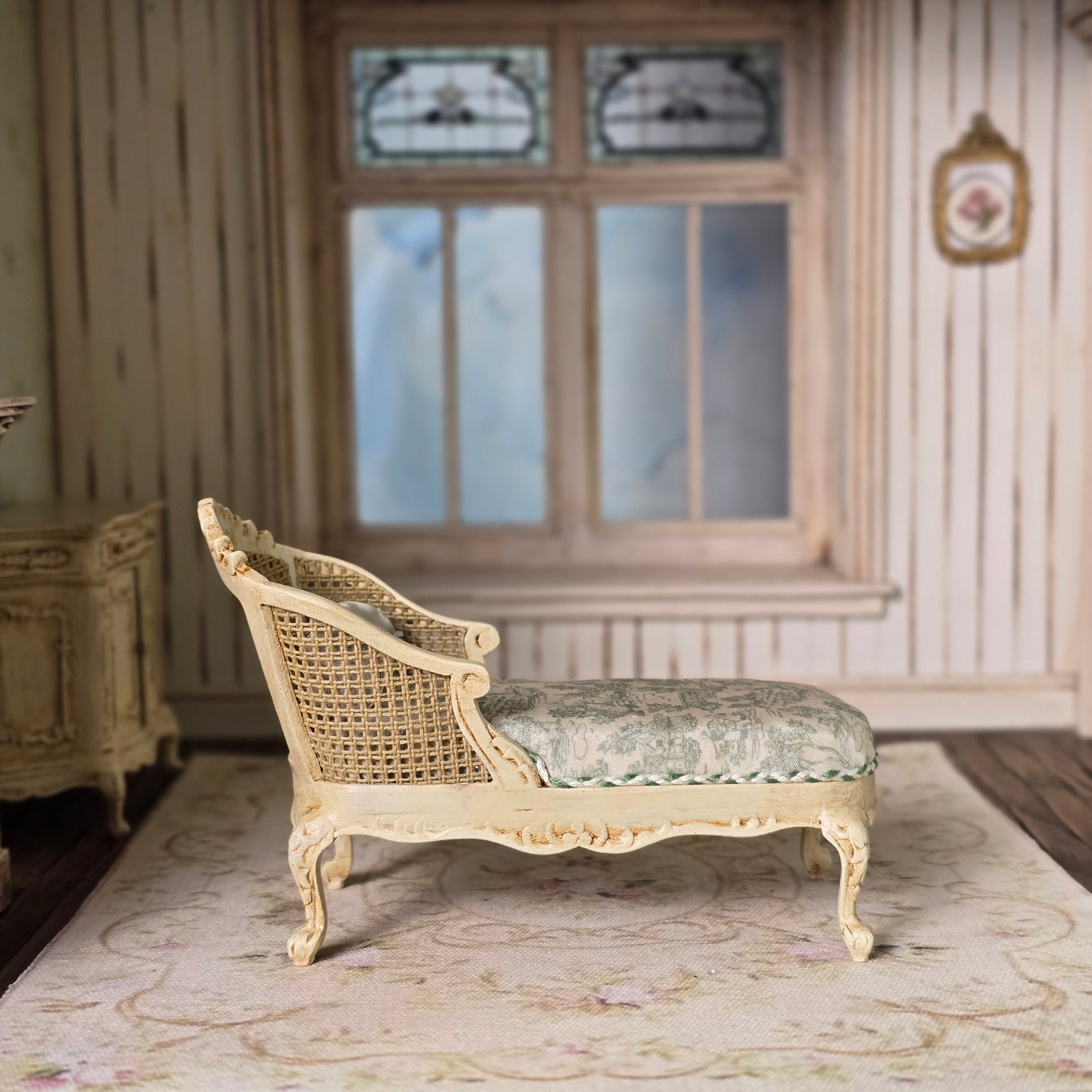 Louis XVI Caned Chaise Lounge Green Toile Silk Sofa for Dollhouse