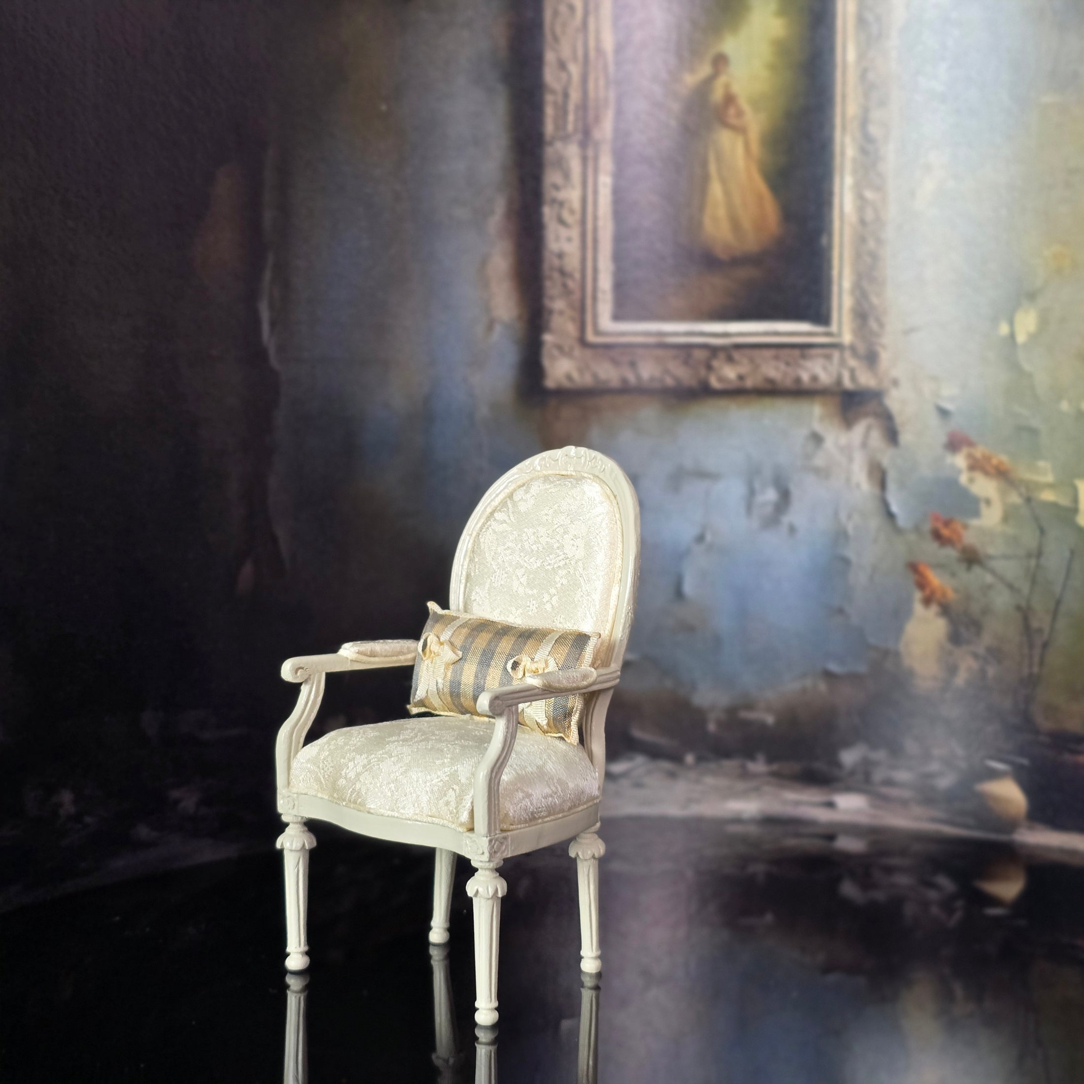 Ivory Silk Upholstered Louis XVI Medallion Armchair Silk Fauteuil
