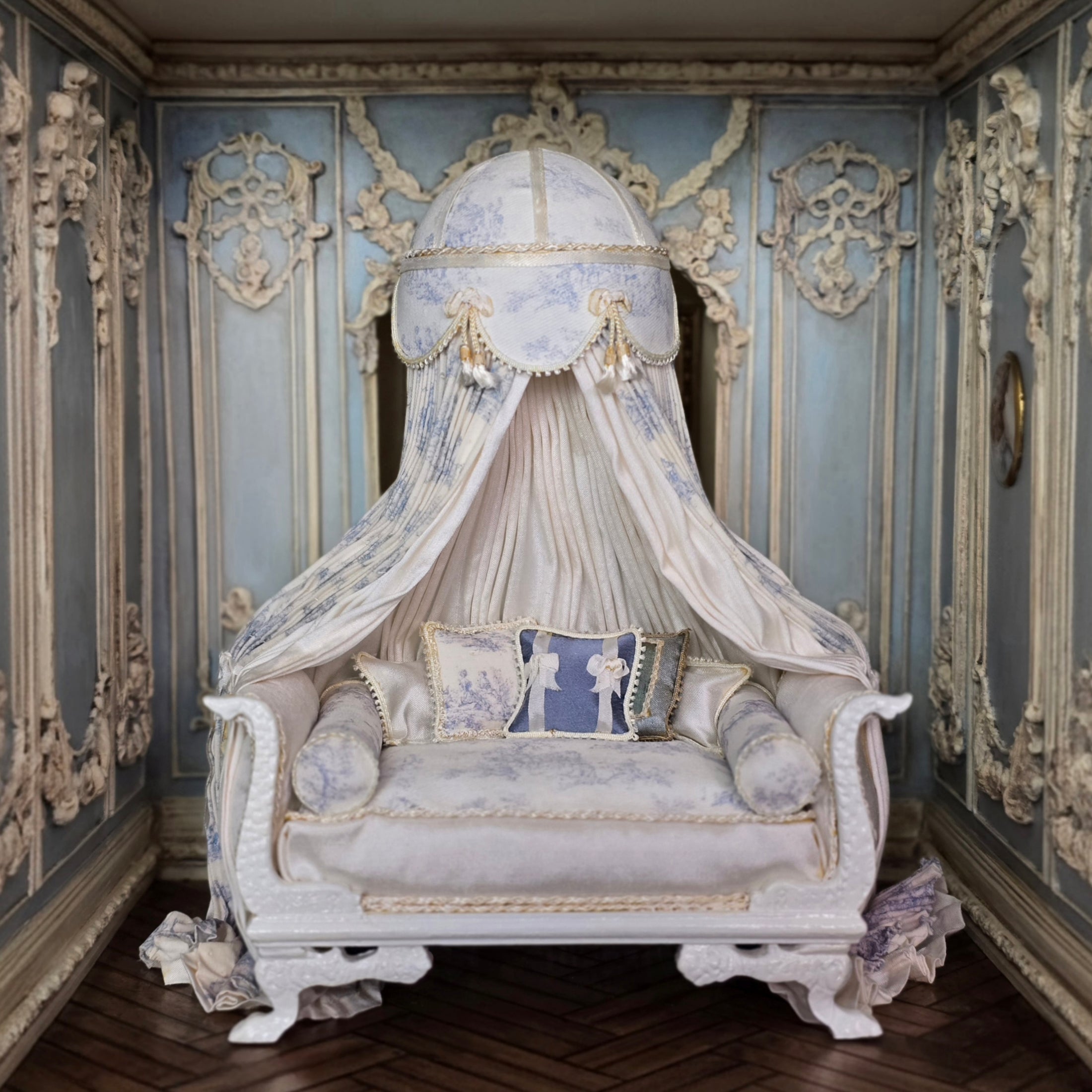 Pale Blue Toile Lit à la Polonaise Canopy Bed by June Clinkscales