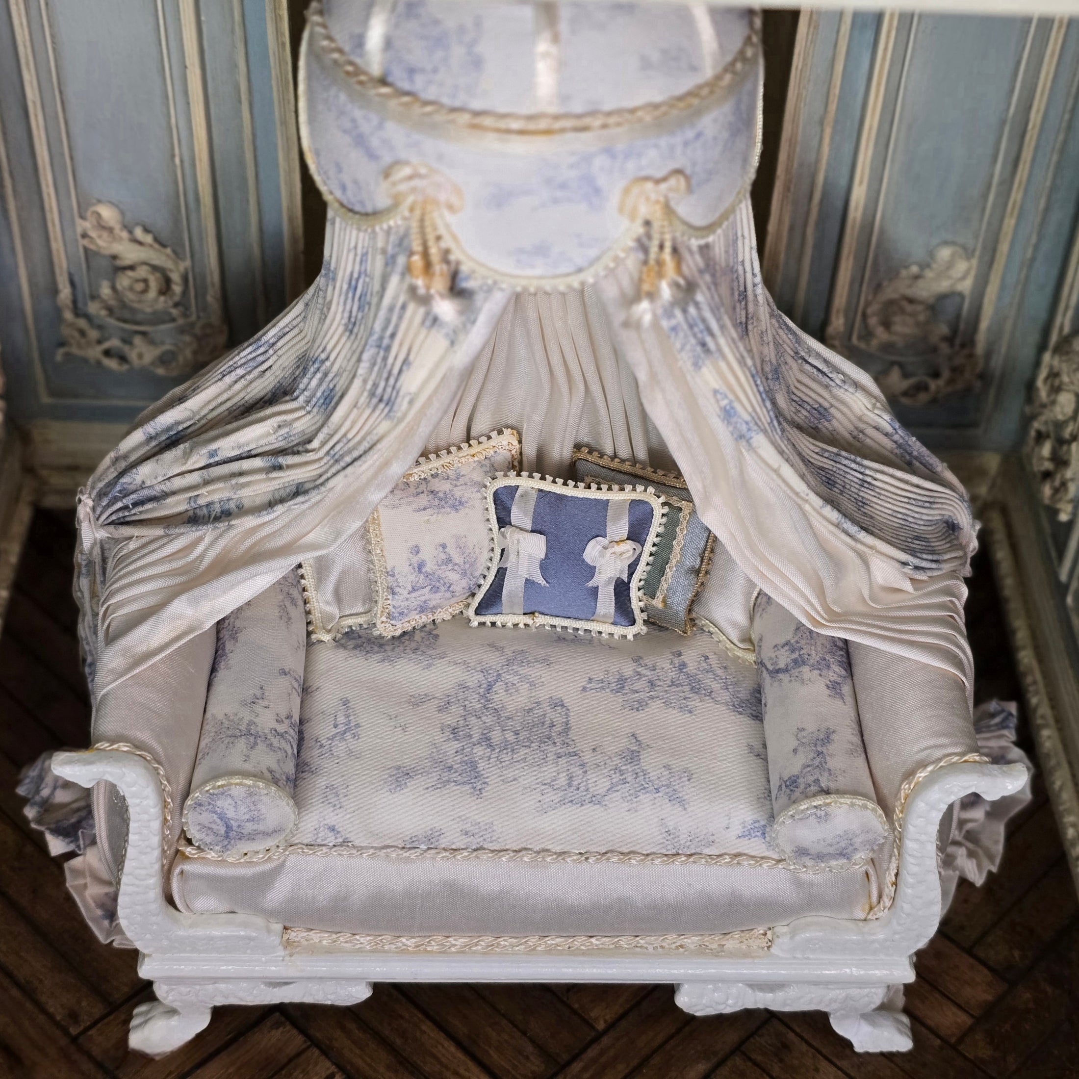 Pale Blue Toile Lit à la Polonaise Canopy Bed by June Clinkscales