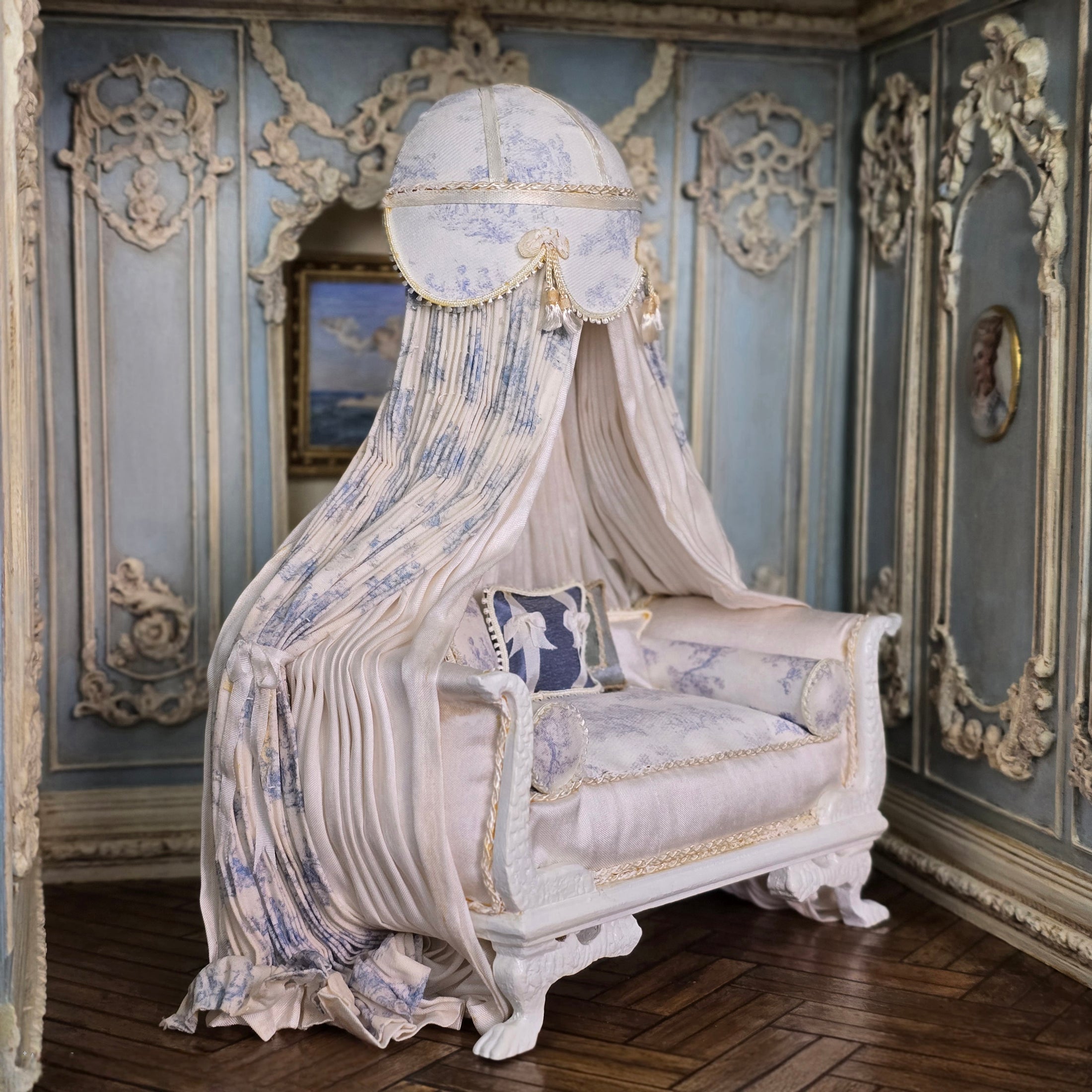 Pale Blue Toile Lit à la Polonaise Canopy Bed by June Clinkscales