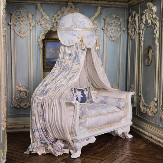 Pale Blue Toile Lit à la Polonaise Canopy Bed by June Clinkscales