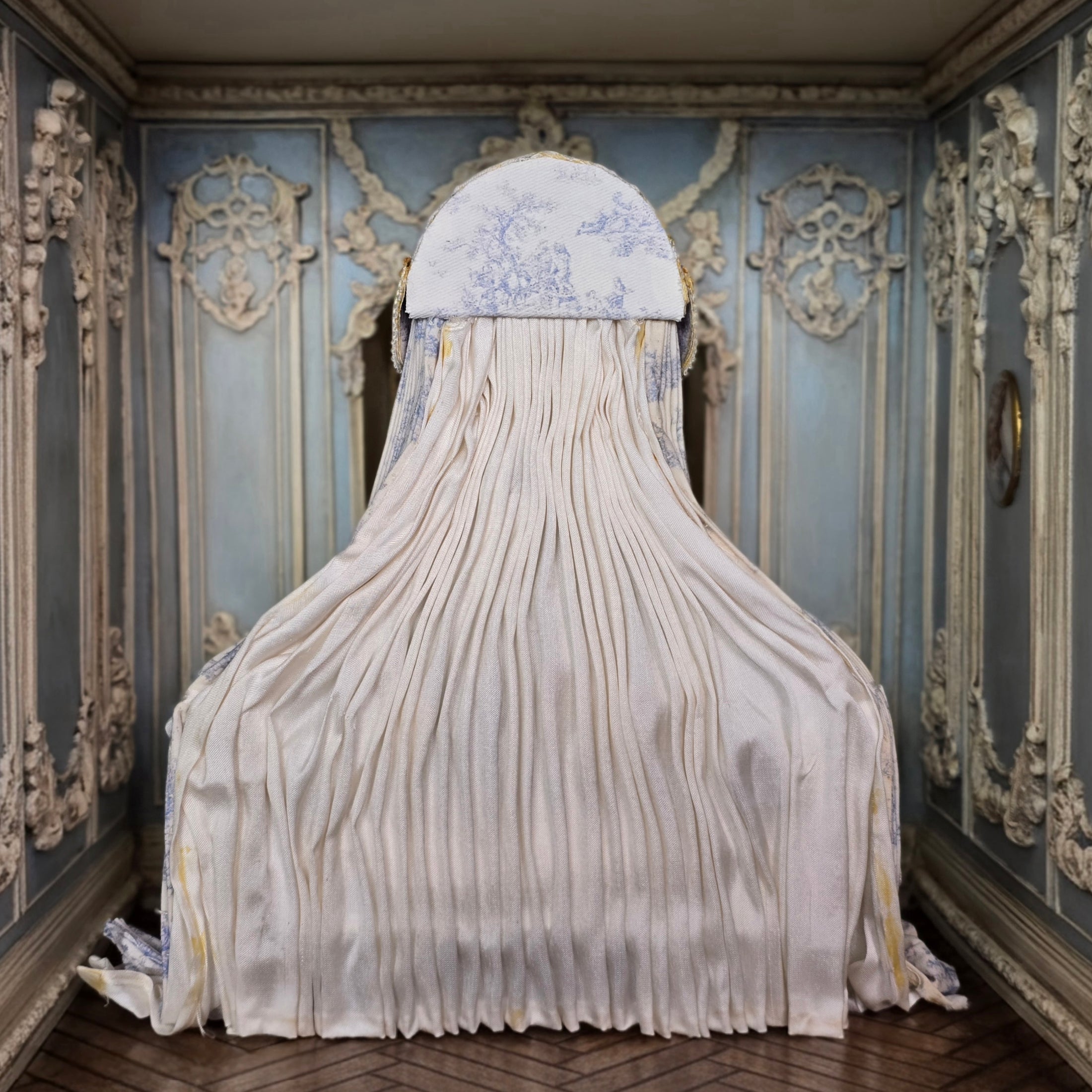 Pale Blue Toile Lit à la Polonaise Canopy Bed by June Clinkscales