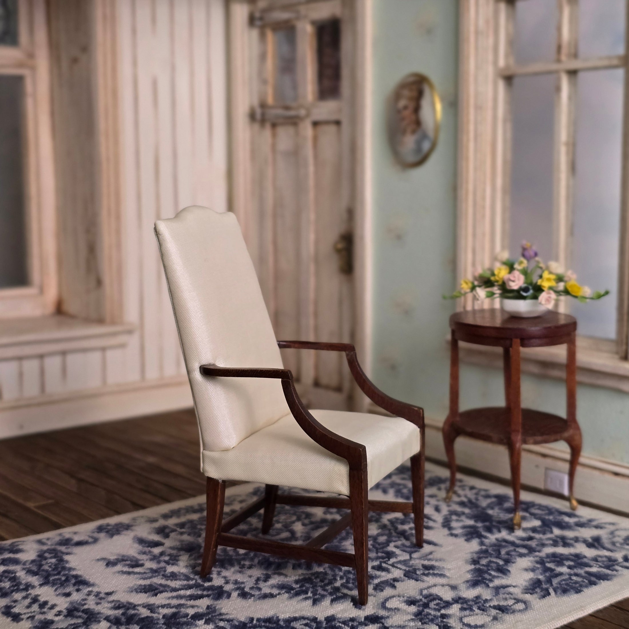 Robert Gray Silk Upholstered Georgian Camel Back Armchair