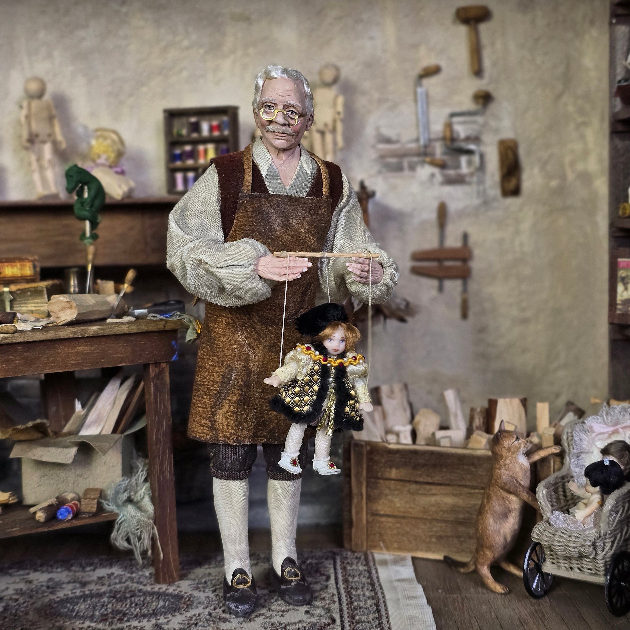 Red-Haired Tudor Male Marionette Puppet with Doublet by Loretta Kasza 1:12
