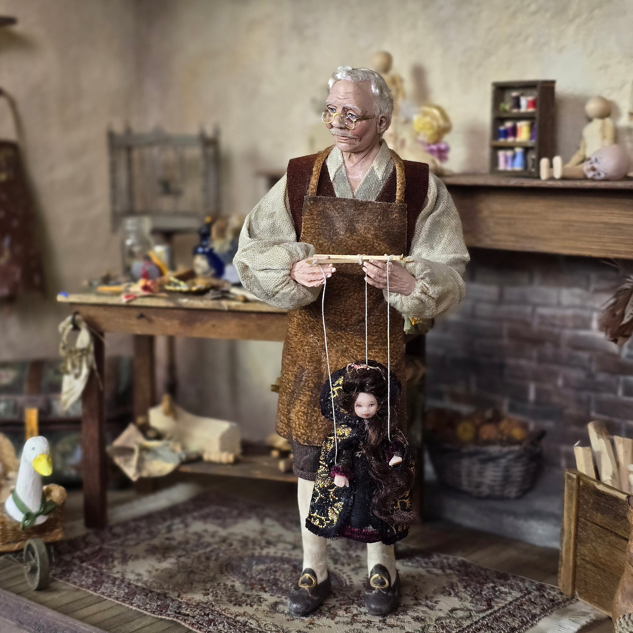 Tudor Lady Traveler in Dark Cloak Marionette Puppet by Loretta Kasza
