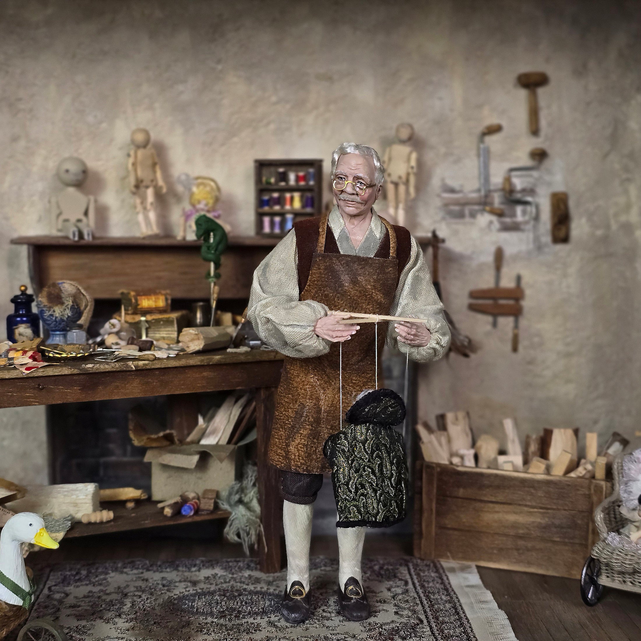 Old Wizard or Scholar Marionette Puppet by Loretta Kasza Miniature Dollhouse
