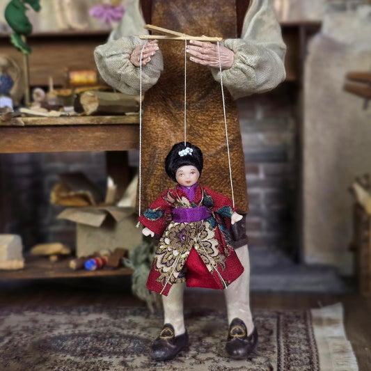 Japanese Geisha in Red Kimono Marionette Puppet Doll by Loretta Kasza