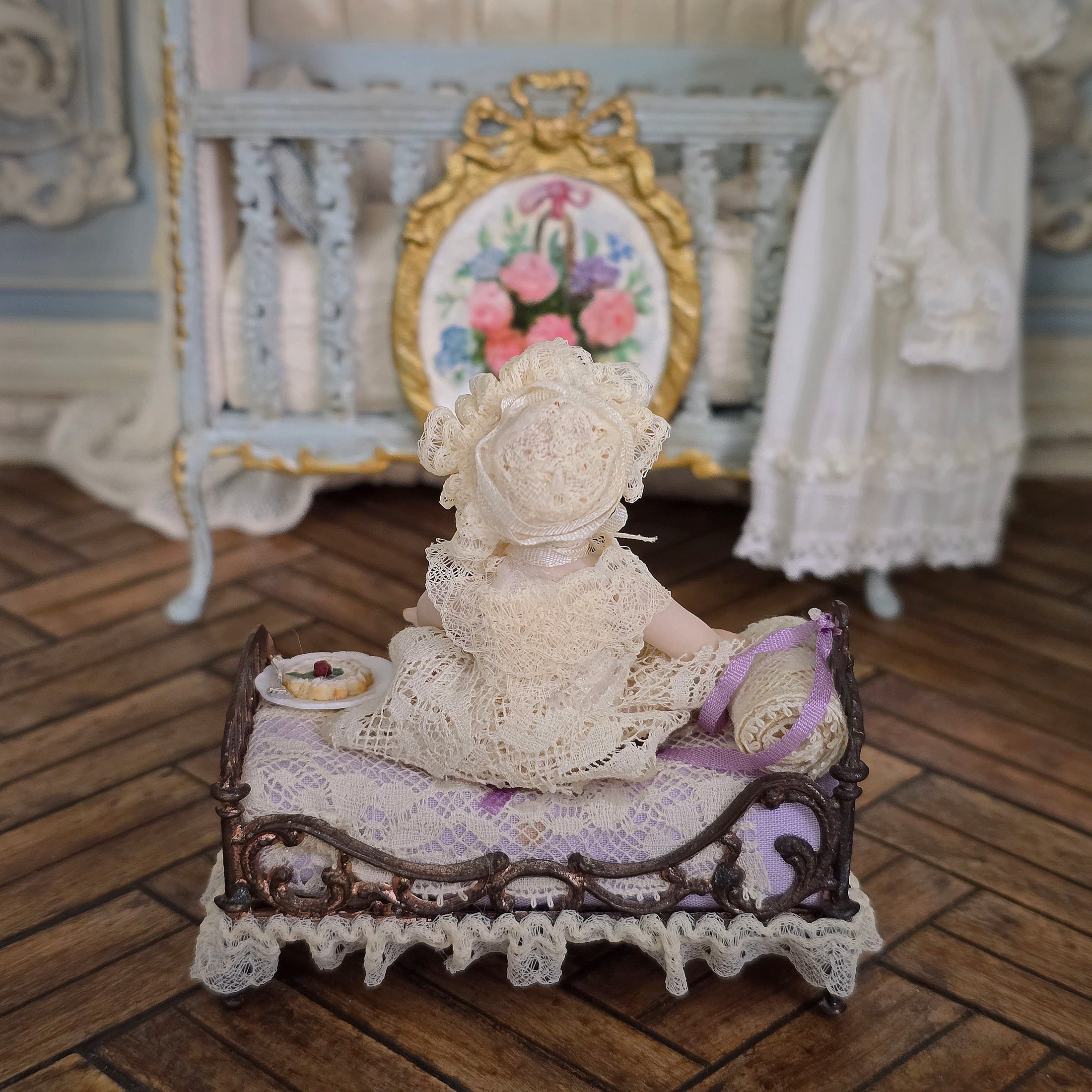 Porcelain Baby Dollhouse Doll in Lace & Antique Iron Crib Vignette