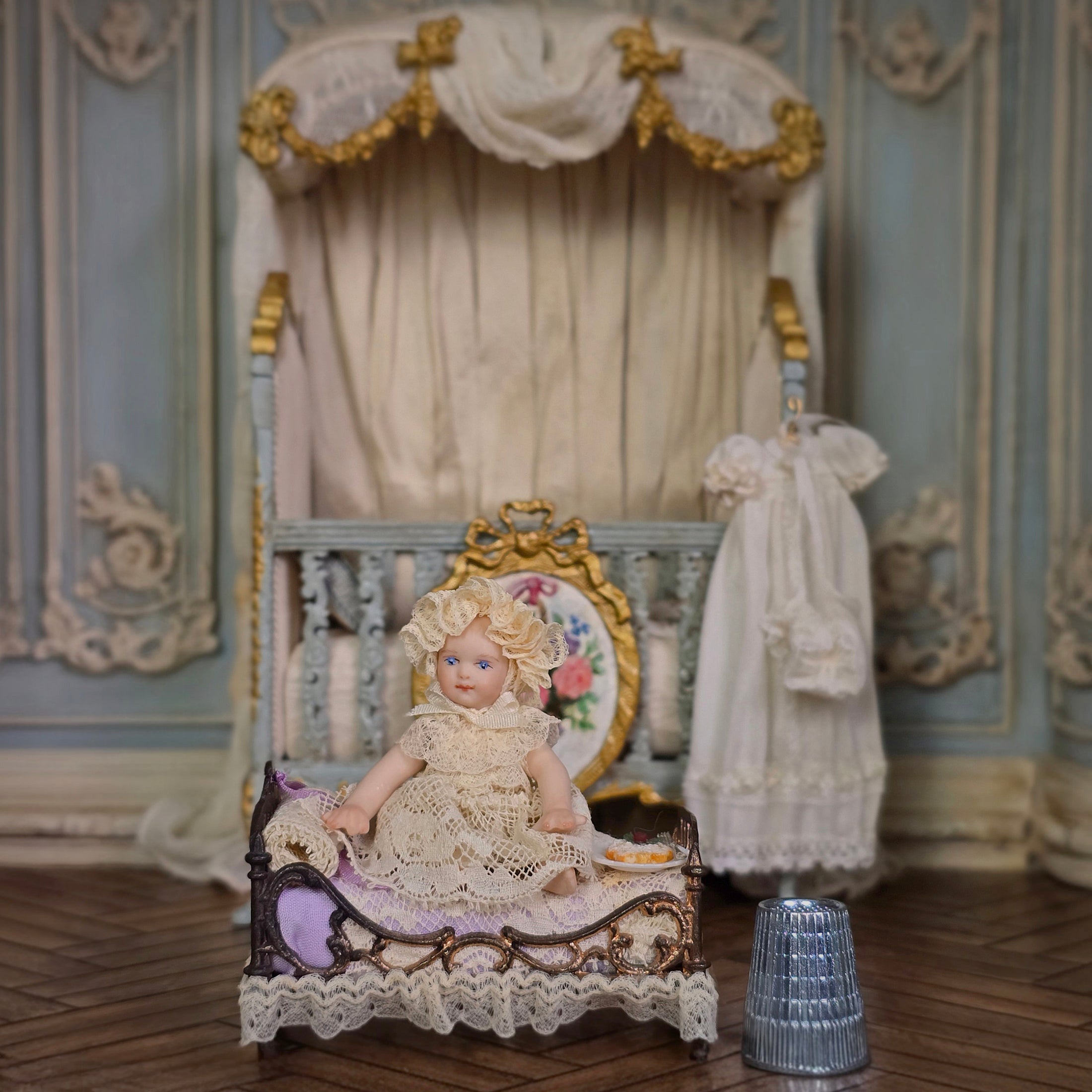 Porcelain Baby Dollhouse Doll in Lace & Antique Iron Crib Vignette