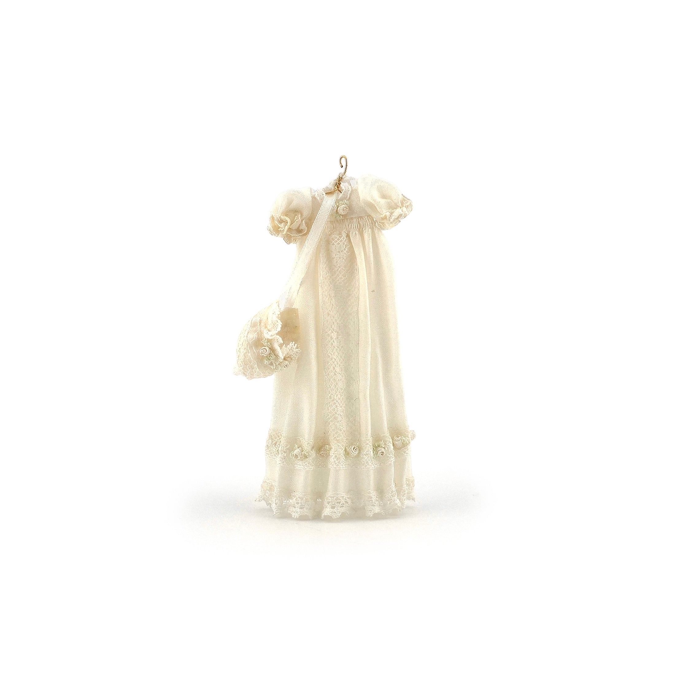 Cream Silk Infant's Christening Gown & Bonnet Set on Hanger for Display