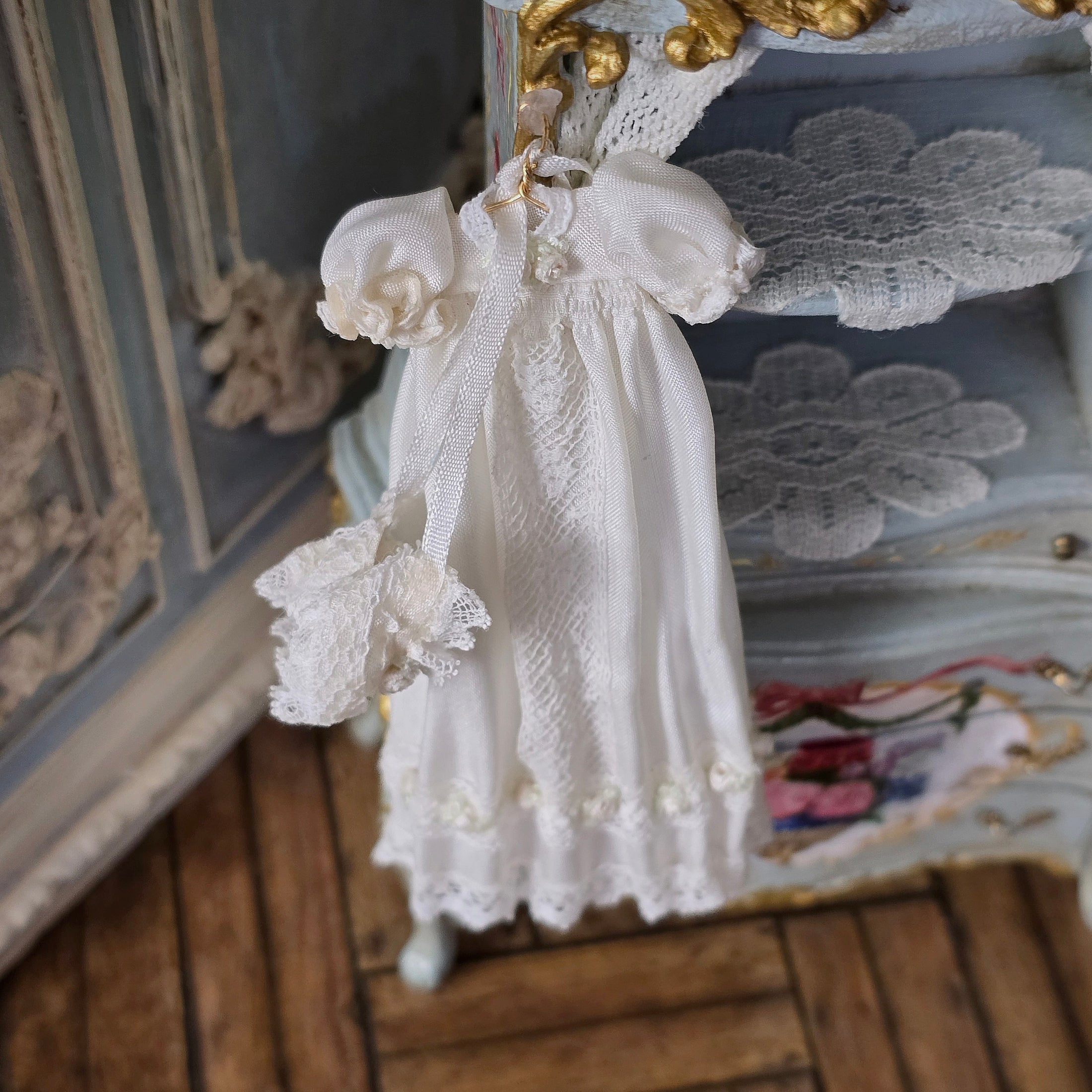 Cream Silk Infant's Christening Gown & Bonnet Set on Hanger for Display