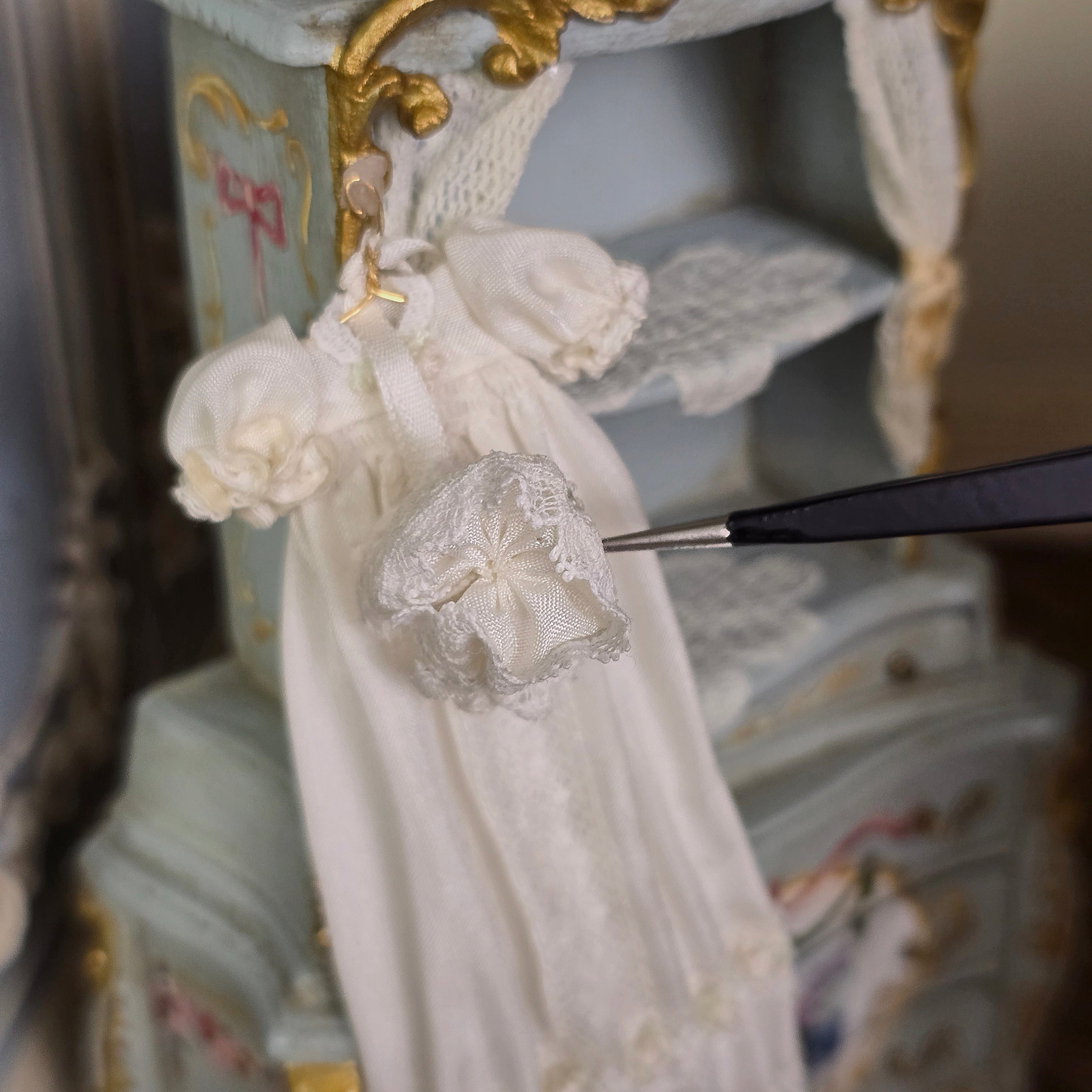 Cream Silk Infant's Christening Gown & Bonnet Set on Hanger for Display