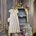 Load image into Gallery viewer, Cream Silk Infant's Christening Gown & Bonnet Set on Hanger for Display
