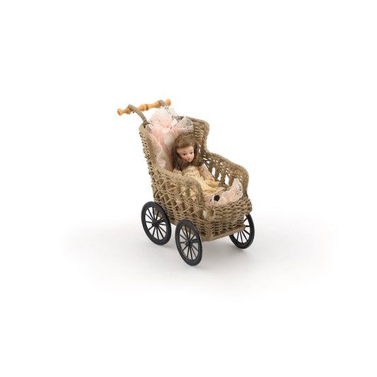 Peggie Taylor Victorian Wicker Baby Pram with Clay Doll for Nursery