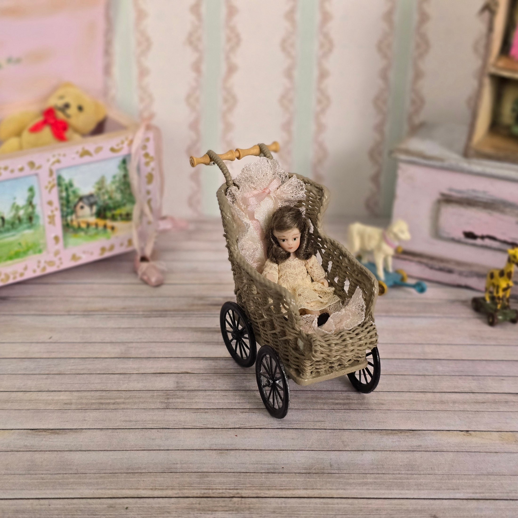 Peggie Taylor Victorian Wicker Baby Pram with Clay Doll for Nursery