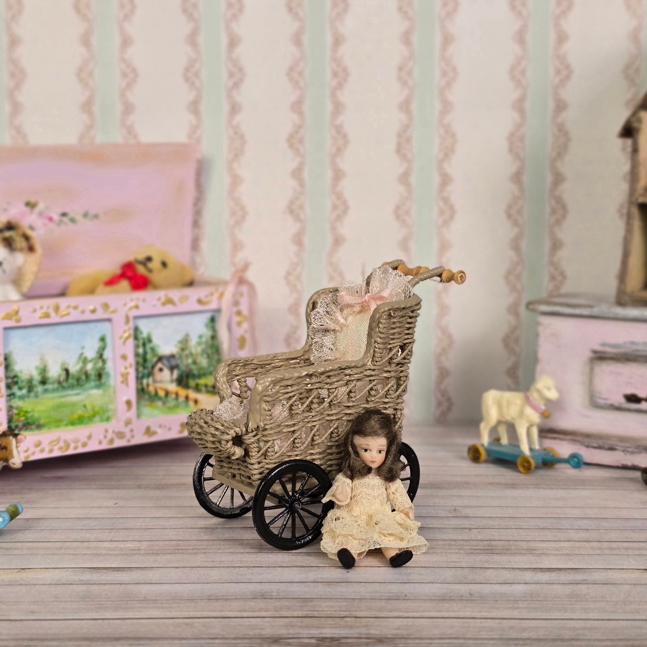 Peggie Taylor Victorian Wicker Baby Pram with Clay Doll for Nursery