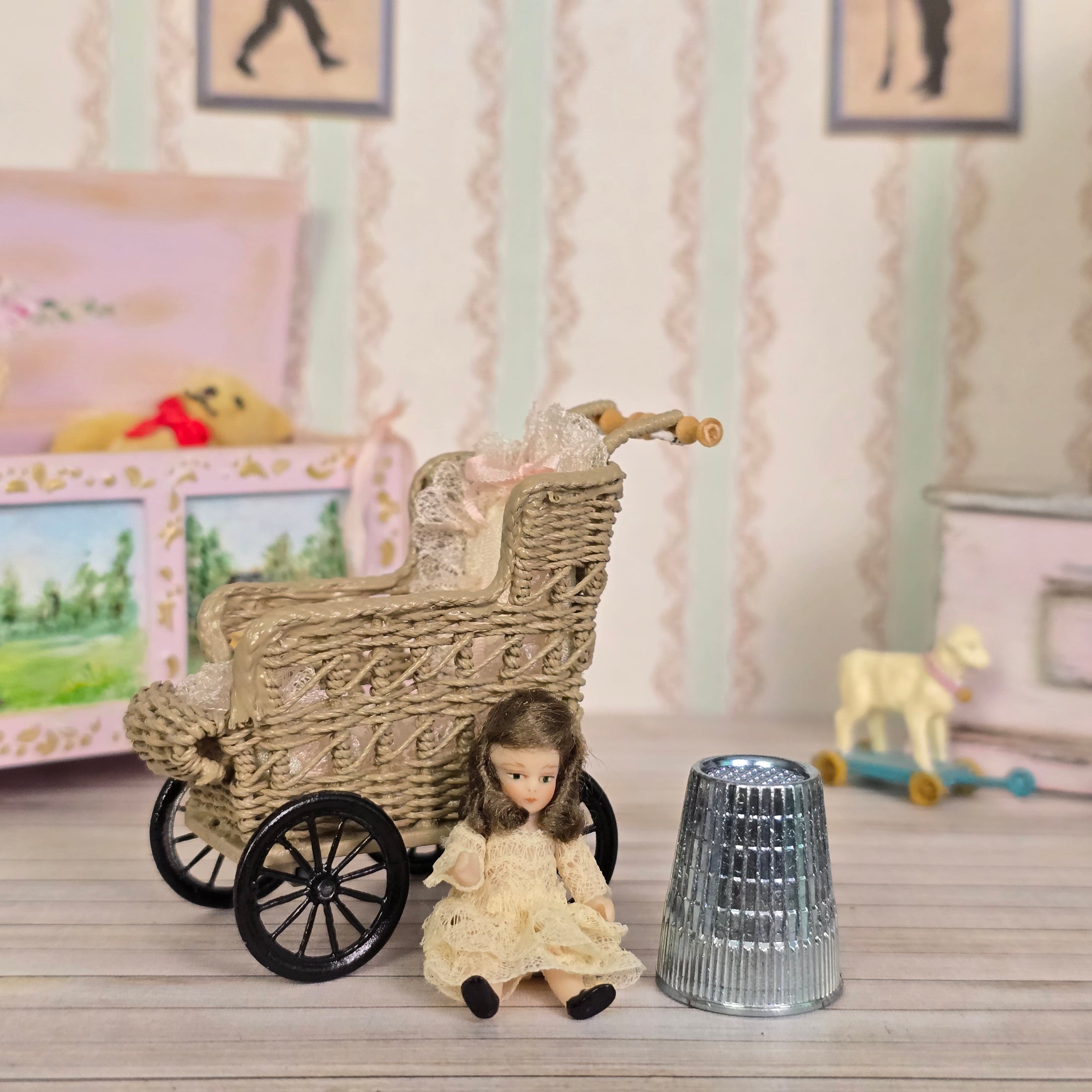 Peggie Taylor Victorian Wicker Baby Pram with Clay Doll for Nursery