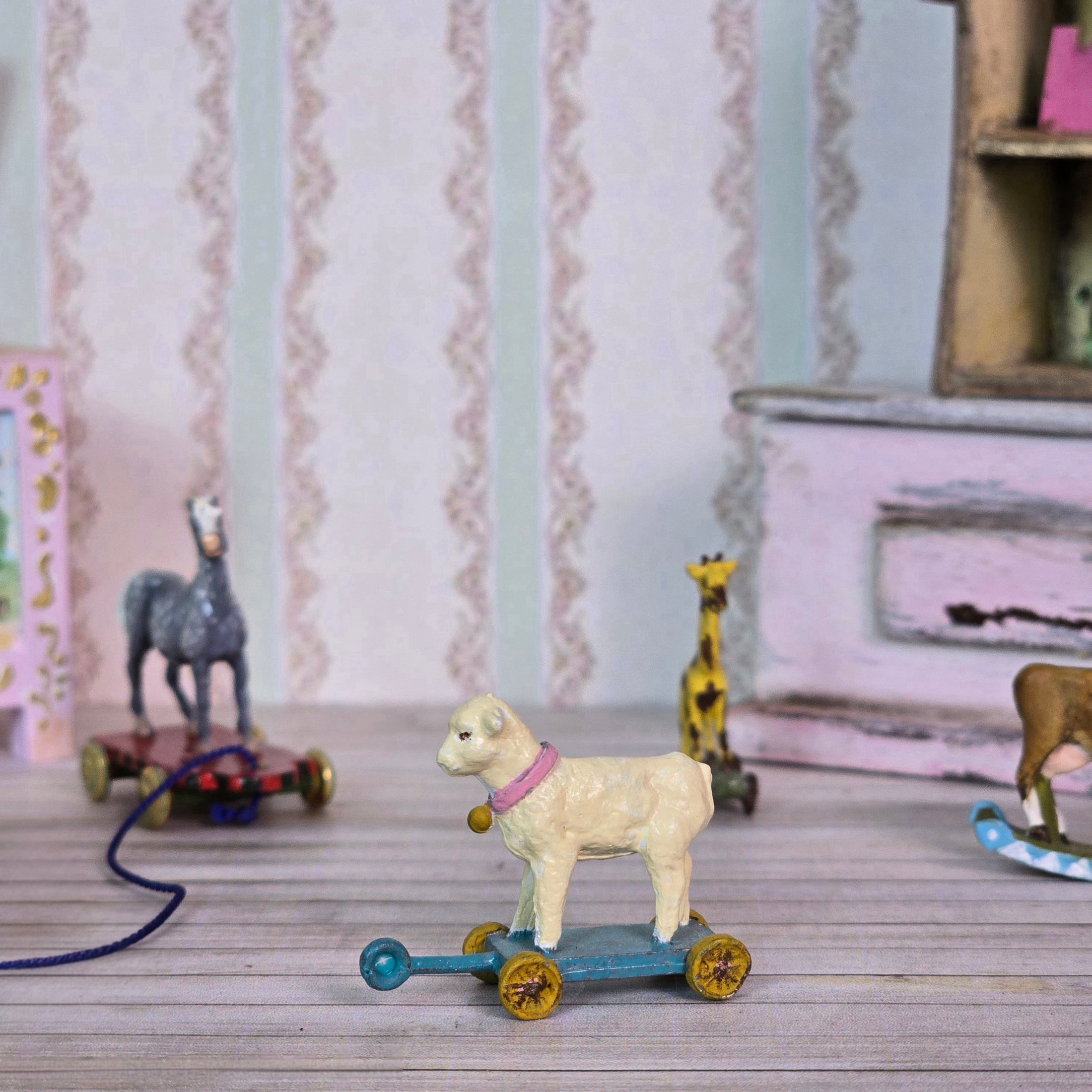 Hand Painted Sweet Lamb Pull Toy for Dollhouse Nursery