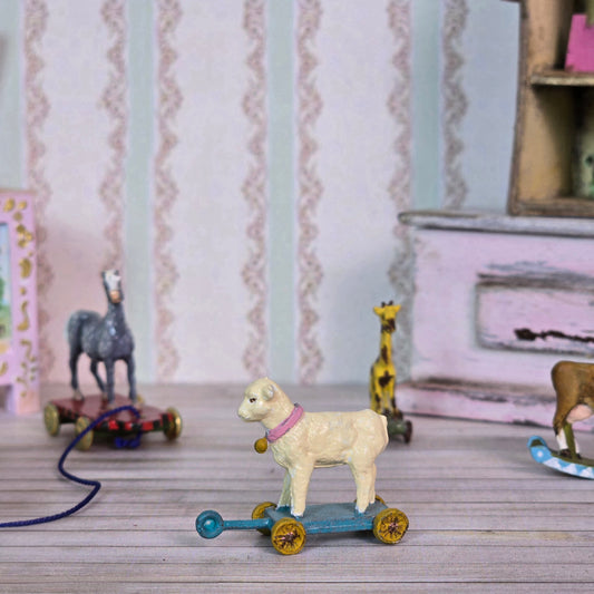 Hand Painted Sweet Lamb Pull Toy for Dollhouse Nursery