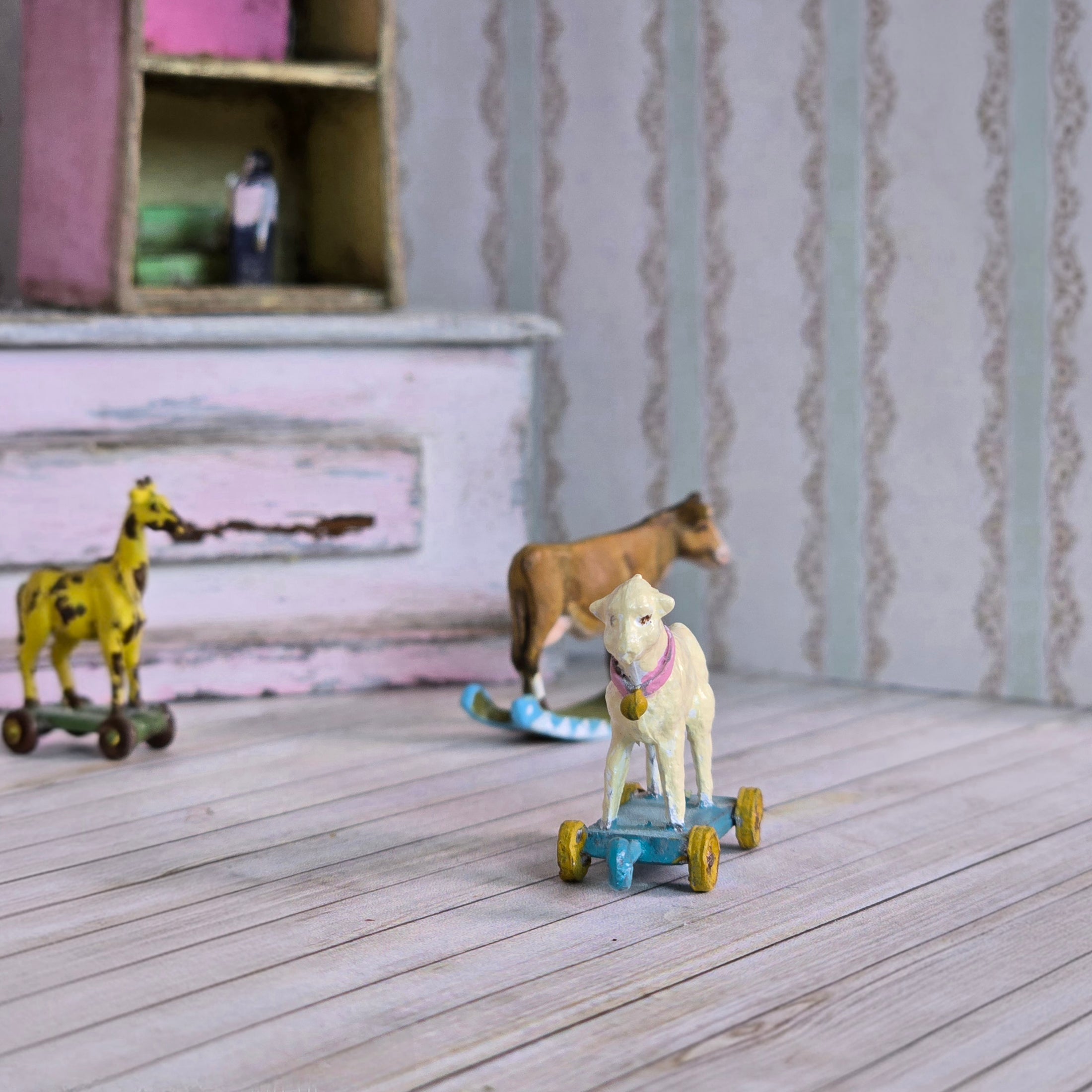 Hand Painted Sweet Lamb Pull Toy for Dollhouse Nursery