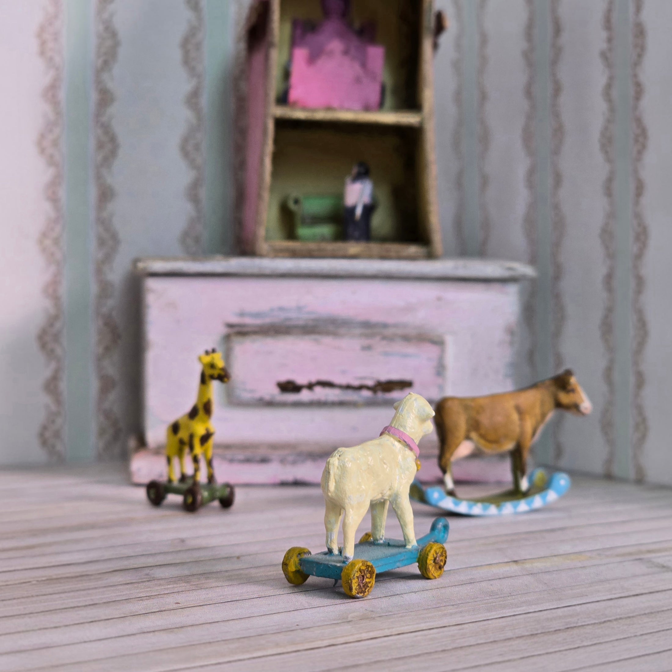 Hand Painted Sweet Lamb Pull Toy for Dollhouse Nursery