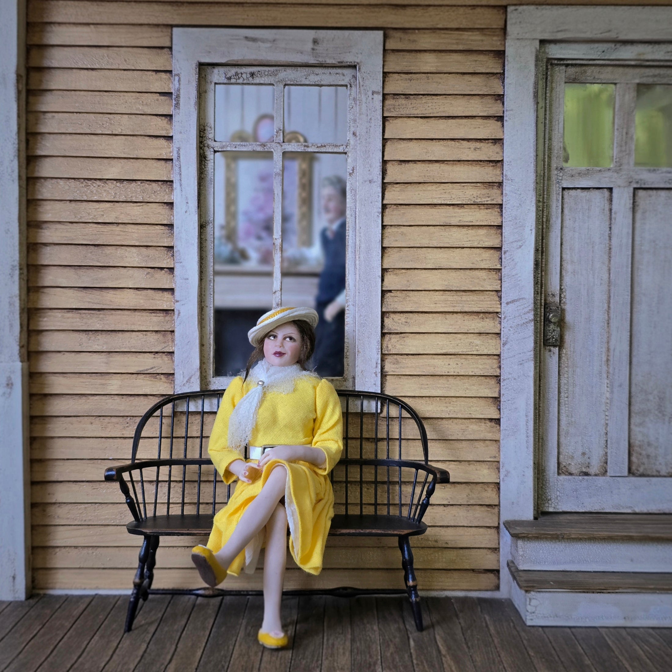 Beautiful Seated Young Lady in Yellow Dress OOAK Artisan Dollhouse Doll
