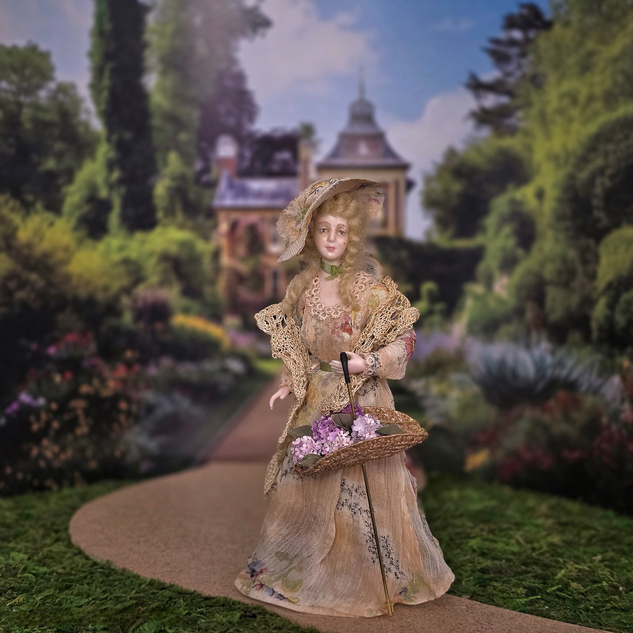 Victorian Lady with Lilac Parasol Basket Flower Seller Doll by Barbara Johnson