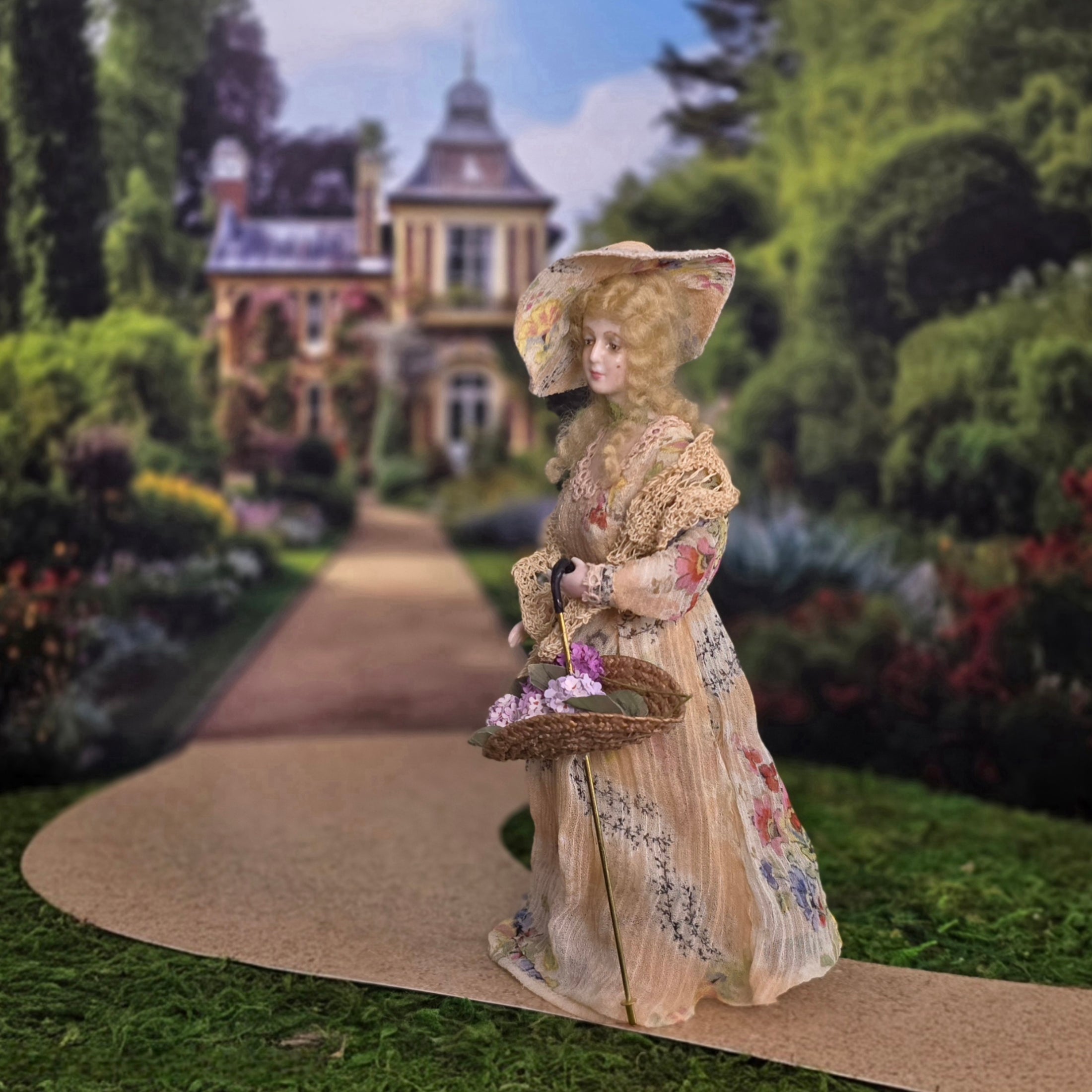 Victorian Lady with Lilac Parasol Basket Flower Seller Doll by Barbara Johnson