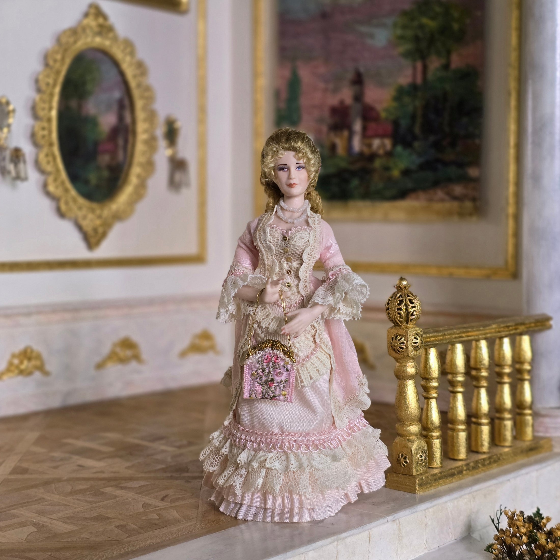 Victorian Lady Dollhouse Doll with Petit Point Purse by Loretta Kasza