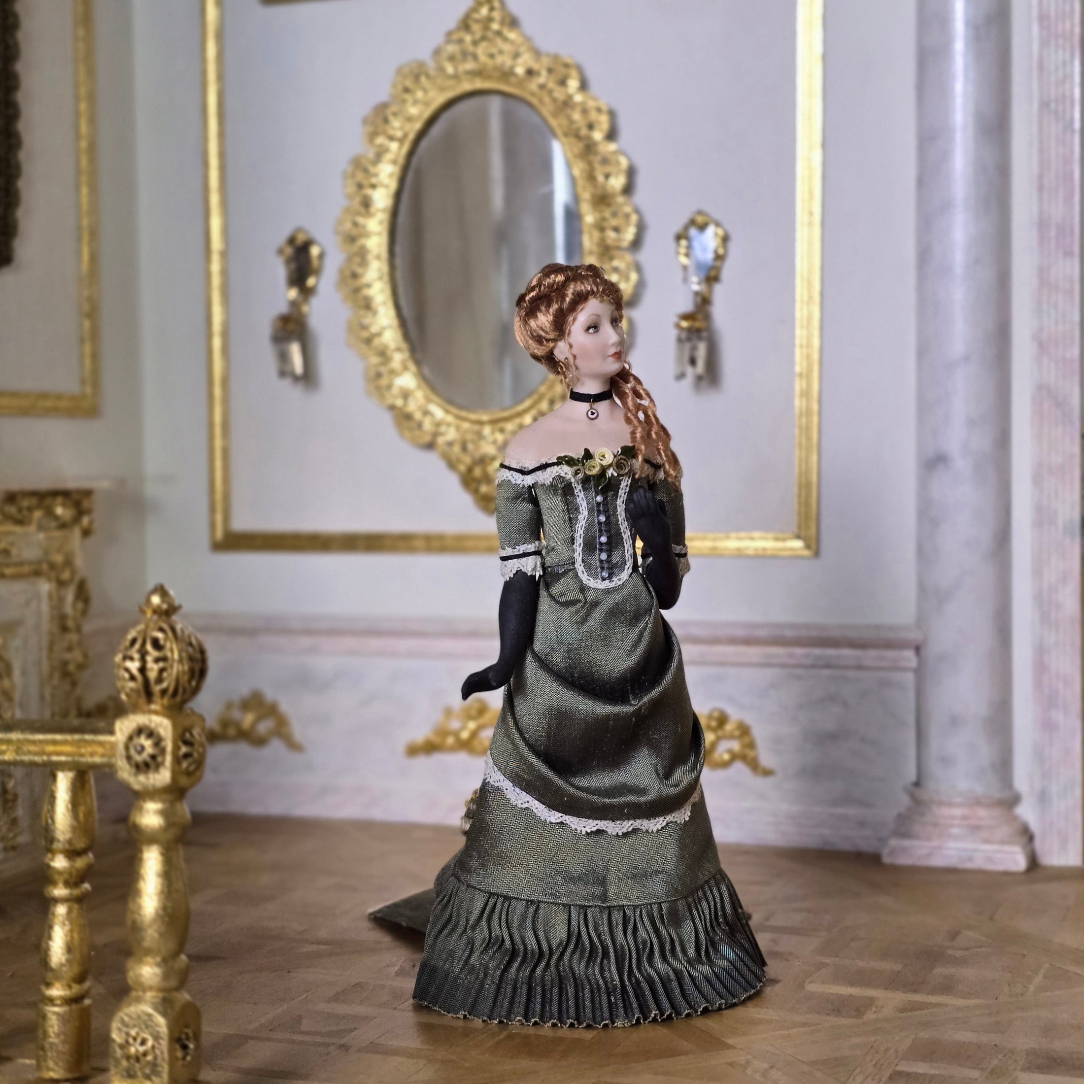 Dollhouse Doll Lady in Dark Gray Silk Evening Gown by Debbie Dixon-Paver