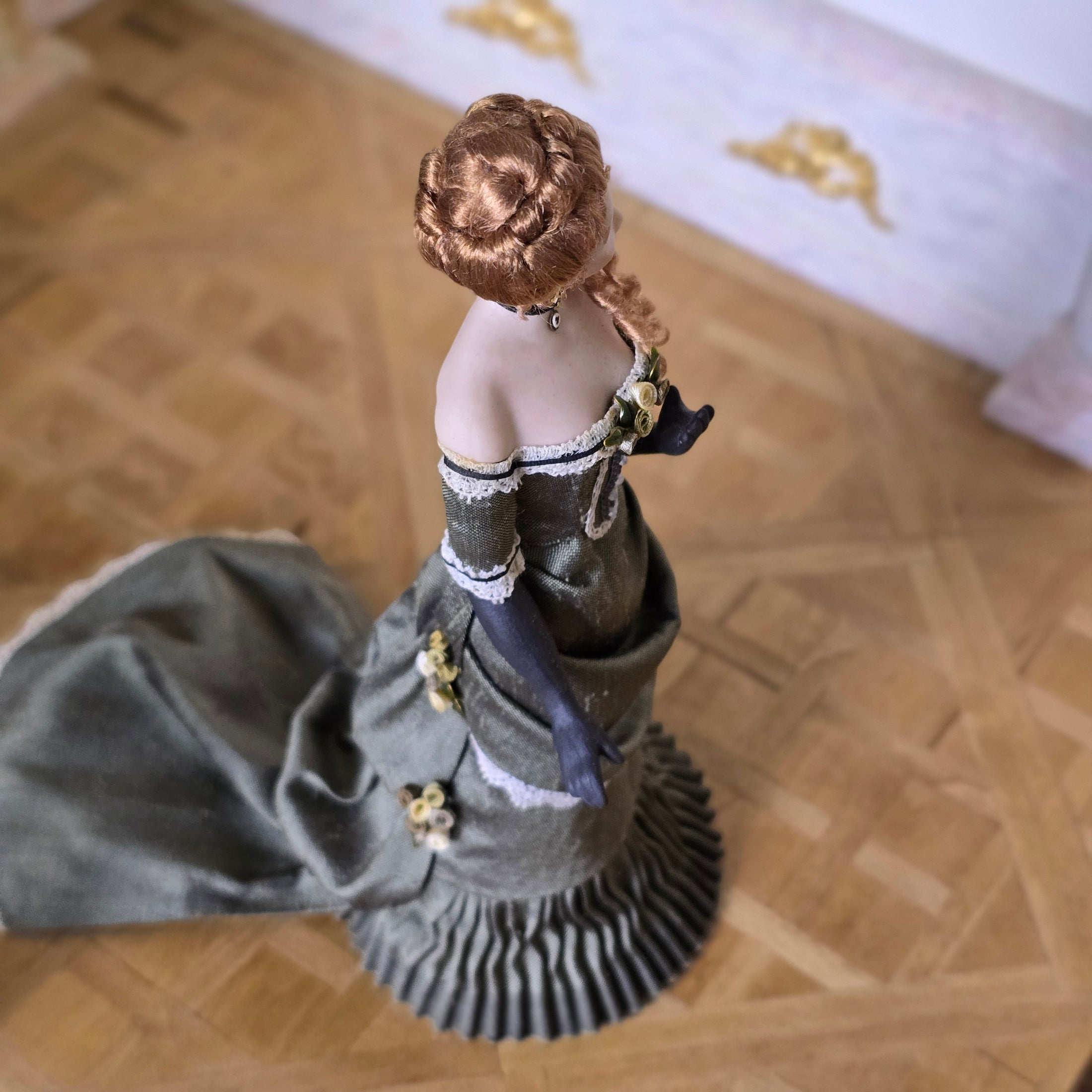 Dollhouse Doll Lady in Dark Gray Silk Evening Gown by Debbie Dixon-Paver