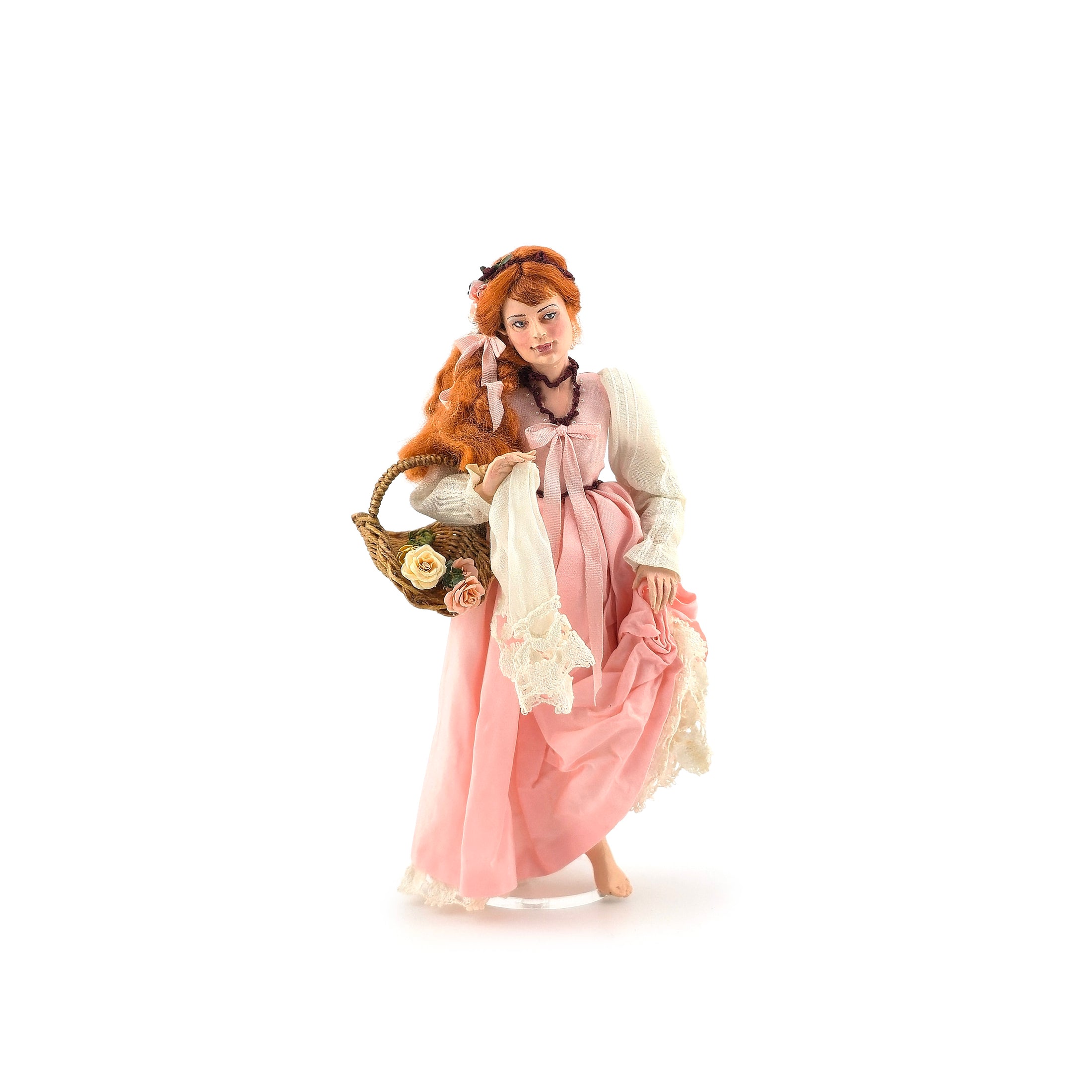 Lady in Pink Silk Gown with Rose Basket Dollhouse Doll by Marcia Backstrom