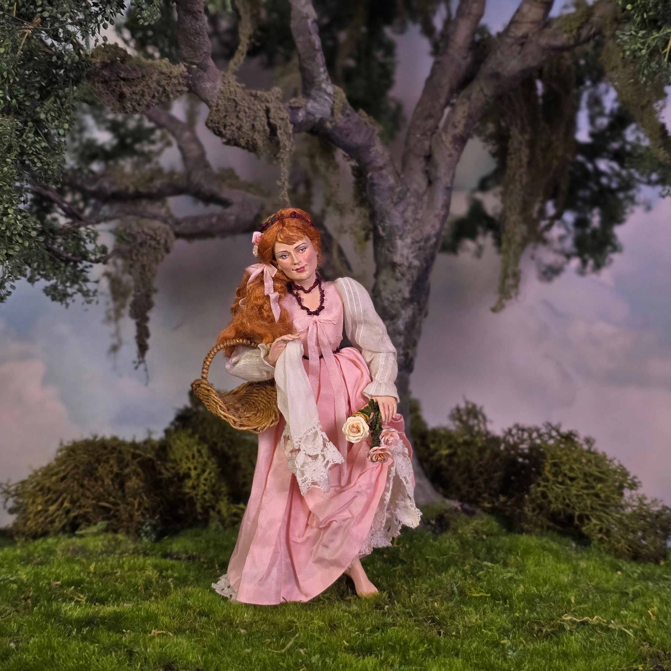 Lady in Pink Silk Gown with Rose Basket Dollhouse Doll by Marcia Backstrom