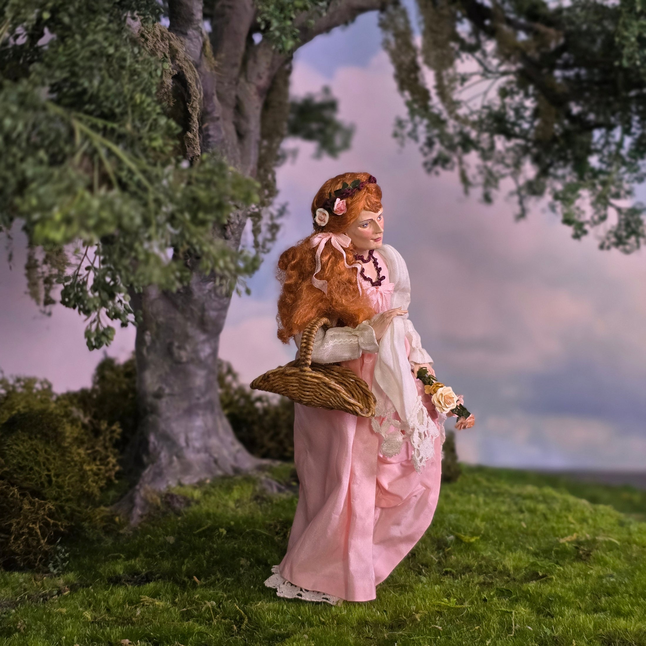 Lady in Pink Silk Gown with Rose Basket Dollhouse Doll by Marcia Backstrom