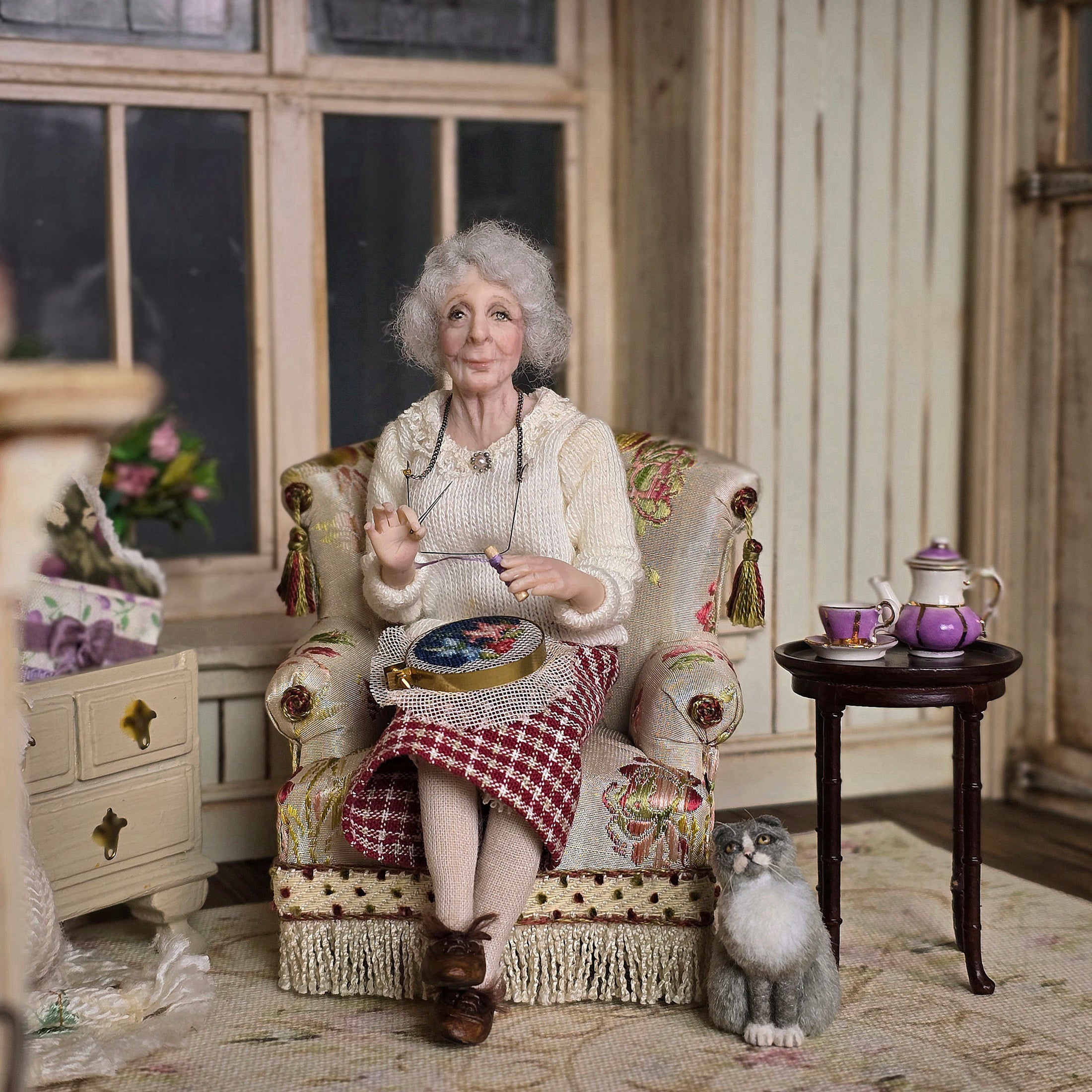 Julie Campbell Clay Embroidering Grandmother Granny Dollhouse Doll