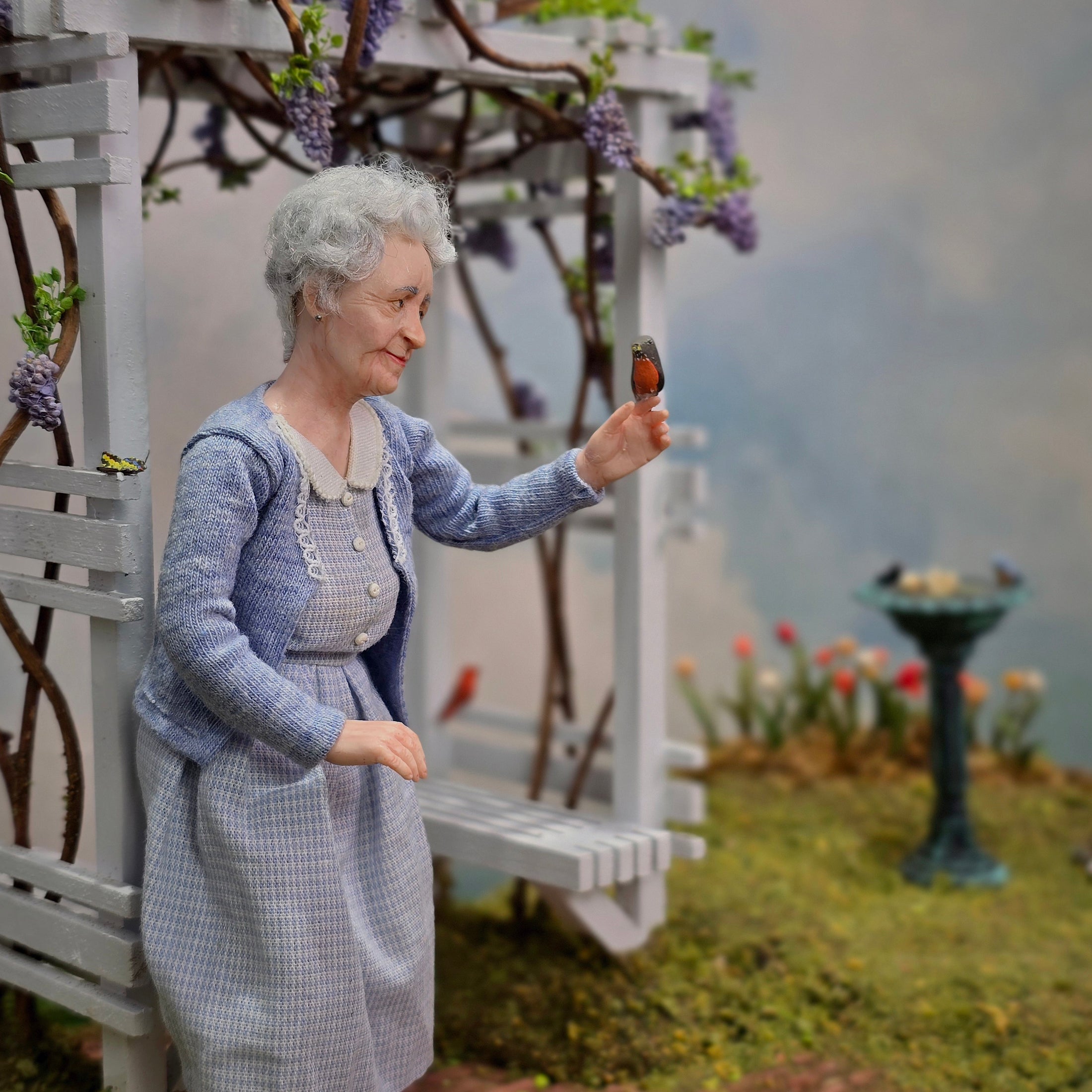 Sweet Grandmother Elderly Lady Dollhouse Doll in Blue by Irina Martin