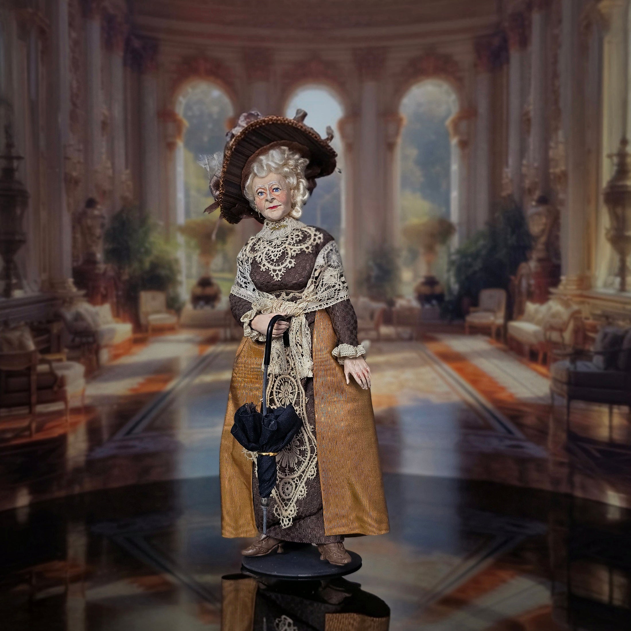 Marcia Backstrom Older Victorian Lady with Parasol Dollhouse Doll MAGNIFICENT Hat