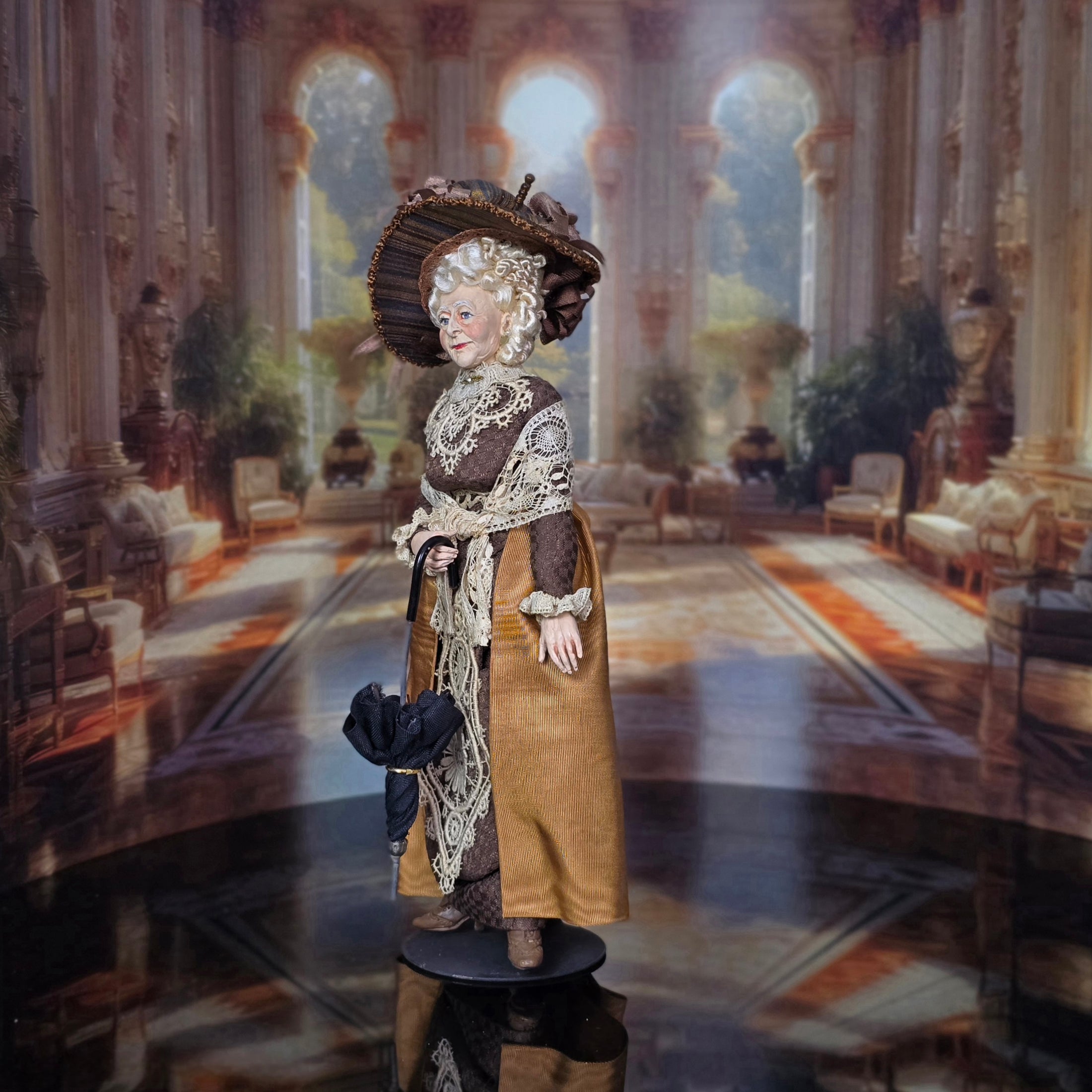 Marcia Backstrom Older Victorian Lady with Parasol Dollhouse Doll MAGNIFICENT Hat