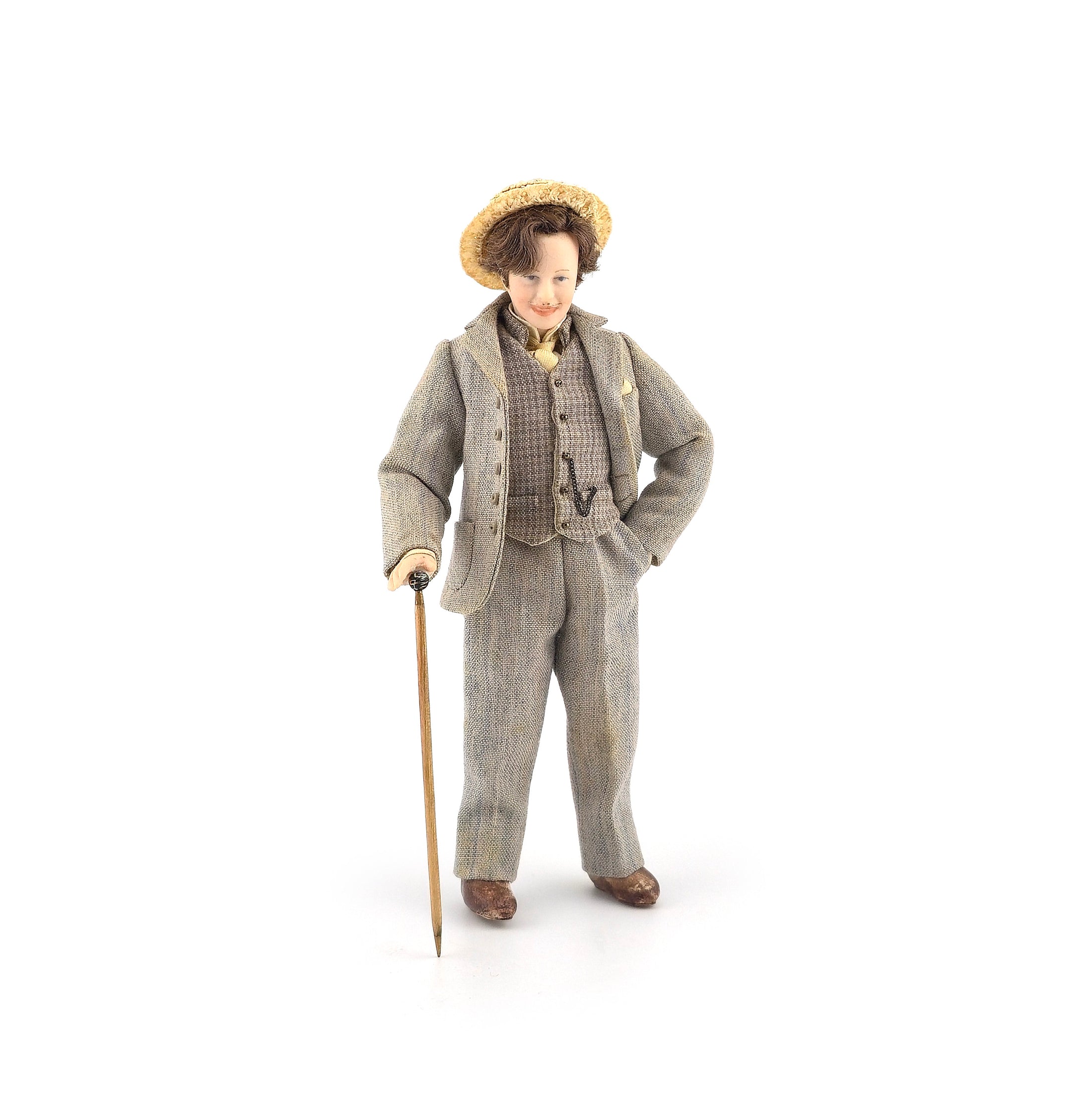 Friendly Victorian Southern Gentleman with Cane Porcelain Dollhouse Doll