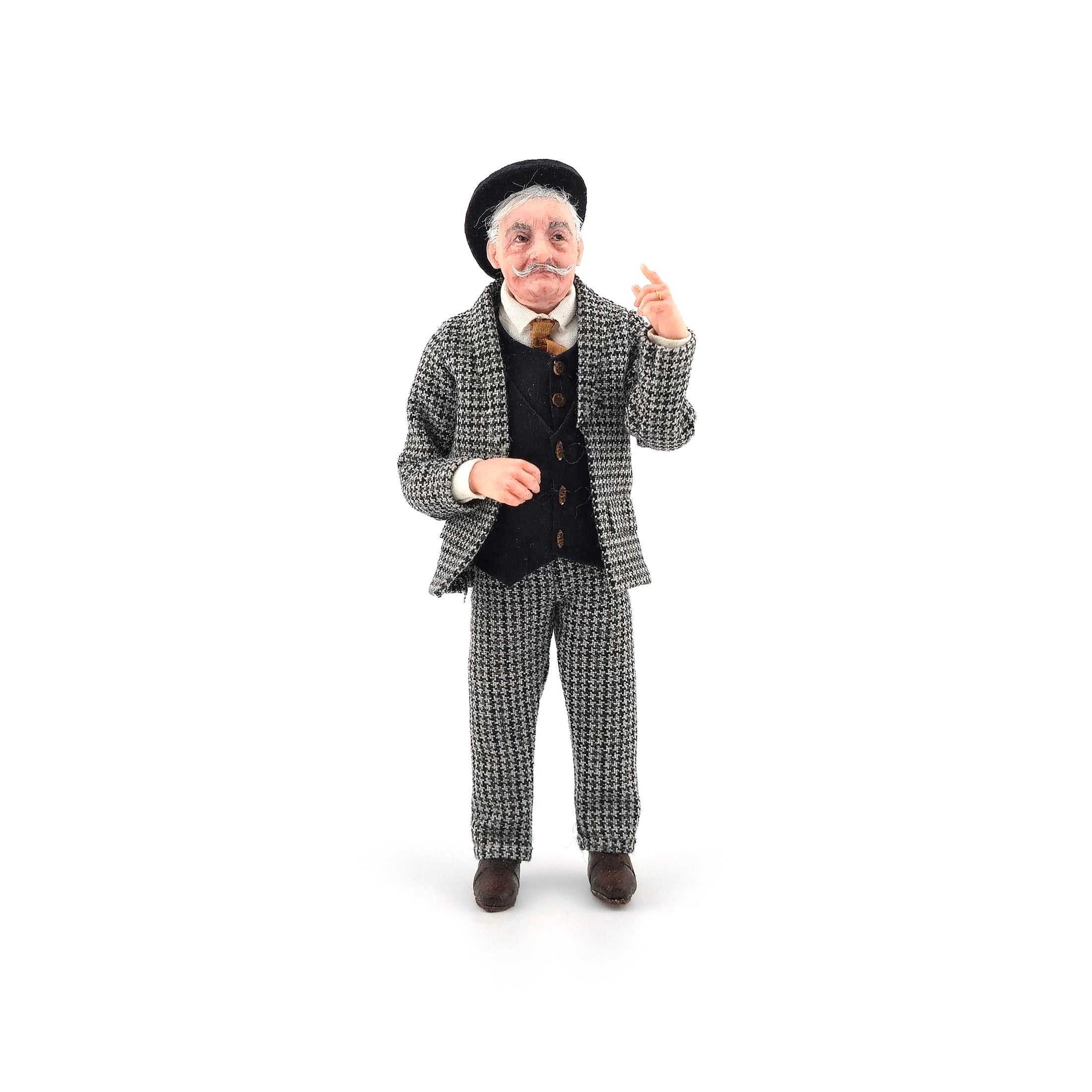 Realistic 1920s or 1930a Gentleman in Houndstooth Suit Clay Dollhouse Doll