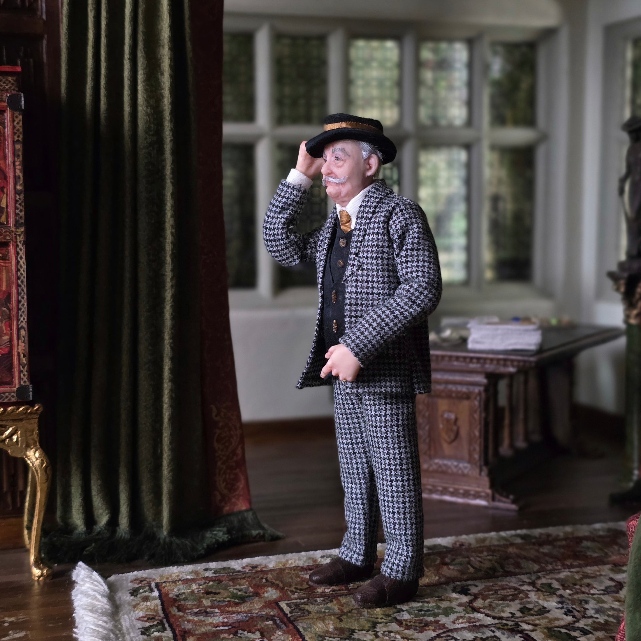 Realistic 1920s or 1930a Gentleman in Houndstooth Suit Clay Dollhouse Doll
