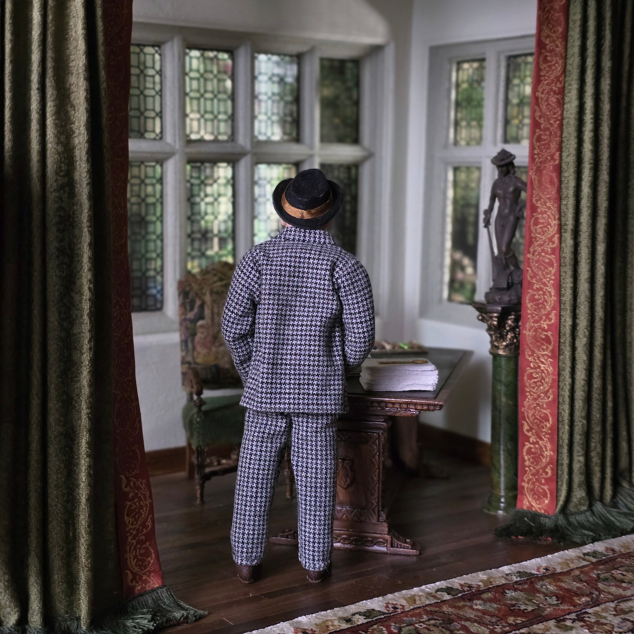 Realistic 1920s or 1930a Gentleman in Houndstooth Suit Clay Dollhouse Doll